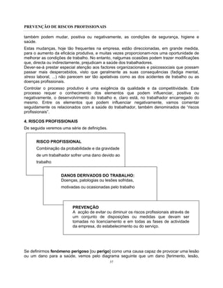 PREVENÇÃO DE RISCOS PROFISSIONAIS
37
também podem mudar, positiva ou negativamente, as condições de segurança, higiene e
saúde.
Estas mudanças, hoje tão frequentes na empresa, estão direccionadas, em grande medida,
para o aumento da eficácia produtiva, e muitas vezes proporcionam-nos uma oportunidade de
melhorar as condições de trabalho. No entanto, nalgumas ocasiões podem trazer modificações
que, directa ou indirectamente, prejudicam a saúde dos trabalhadores.
Dever-se-á prestar especial atenção aos factores organizacionais e psicossociais que possam
passar mais despercebidos, visto que geralmente as suas consequências (fadiga mental,
stress laboral, ...) não parecem ser tão apelativas como as dos acidentes de trabalho ou as
doenças profissionais.
Controlar o processo produtivo é uma exigência da qualidade e da competitividade. Este
processo requer o conhecimento dos elementos que podem influenciar, positiva ou
negativamente, o desenvolvimento do trabalho e, claro está, no trabalhador encarregado do
mesmo. Entre os elementos que podem influenciar negativamente, vamos comentar
seguidamente os relacionados com a saúde do trabalhador, também denominados de “riscos
profissionais”.
4. RISCOS PROFISSIONAIS
De seguida veremos uma série de definições.
RISCO PROFISSIONAL
Combinação da probabilidade e da gravidade
de um trabalhador sofrer uma dano devido ao
trabalho
DANOS DERIVADOS DO TRABALHO:
Doenças, patologias ou lesões sofridas,
motivadas ou ocasionadas pelo trabalho
PREVENÇÃO
A acção de evitar ou diminuir os riscos profissionais através de
um conjunto de disposições ou medidas que devam ser
tomadas no licenciamento e em todas as fases de actividade
da empresa, do estabelecimento ou do serviço.
Se definirmos fenómeno perigoso [ou perigo] como uma causa capaz de provocar uma lesão
ou um dano para a saúde, vemos pelo diagrama seguinte que um dano [ferimento, lesão,
 