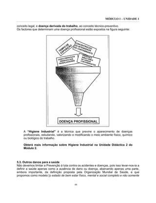 MÓDULO 1 – UNIDADE 1
44
conceito legal, e doença derivada do trabalho, ao conceito técnico-preventivo.
Os factores que determinam uma doença profissional estão expostos na figura seguinte:
A “Higiene Industrial” é a técnica que previne o aparecimento de doenças
profissionais, estudando, valorizando e modificando o meio ambiente físico, químico
ou biológico do trabalho.
Obterá mais informação sobre Higiene Industrial na Unidade Didáctica 2 do
Módulo 2.
5.3. Outros danos para a saúde
Não devemos limitar a Prevenção à luta contra os acidentes e doenças, pois isso levar-nos-ia a
definir a saúde apenas como a ausência de dano ou doença, abarcando apenas uma parte,
embora importante, da definição proposta pela Organização Mundial de Saúde, e que
propomos como modelo [o estado de bem estar físico, mental e social completo e não somente
 