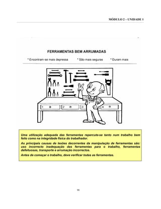 MÓDULO 2 – UNIDADE 1
90
LEMBRE-SE!
Uma utilização adequada das ferramentas repercute-se tanto num trabalho bem
feito como na integridade física do trabalhador.
As principais causas de lesões decorrentes da manipulação de ferramentas são:
uso incorrecto inadequação das ferramentas para o trabalho, ferramentas
defeituosas, transporte e arrumação incorrectos.
Antes de começar o trabalho, deve verificar todas as ferramentas.
 