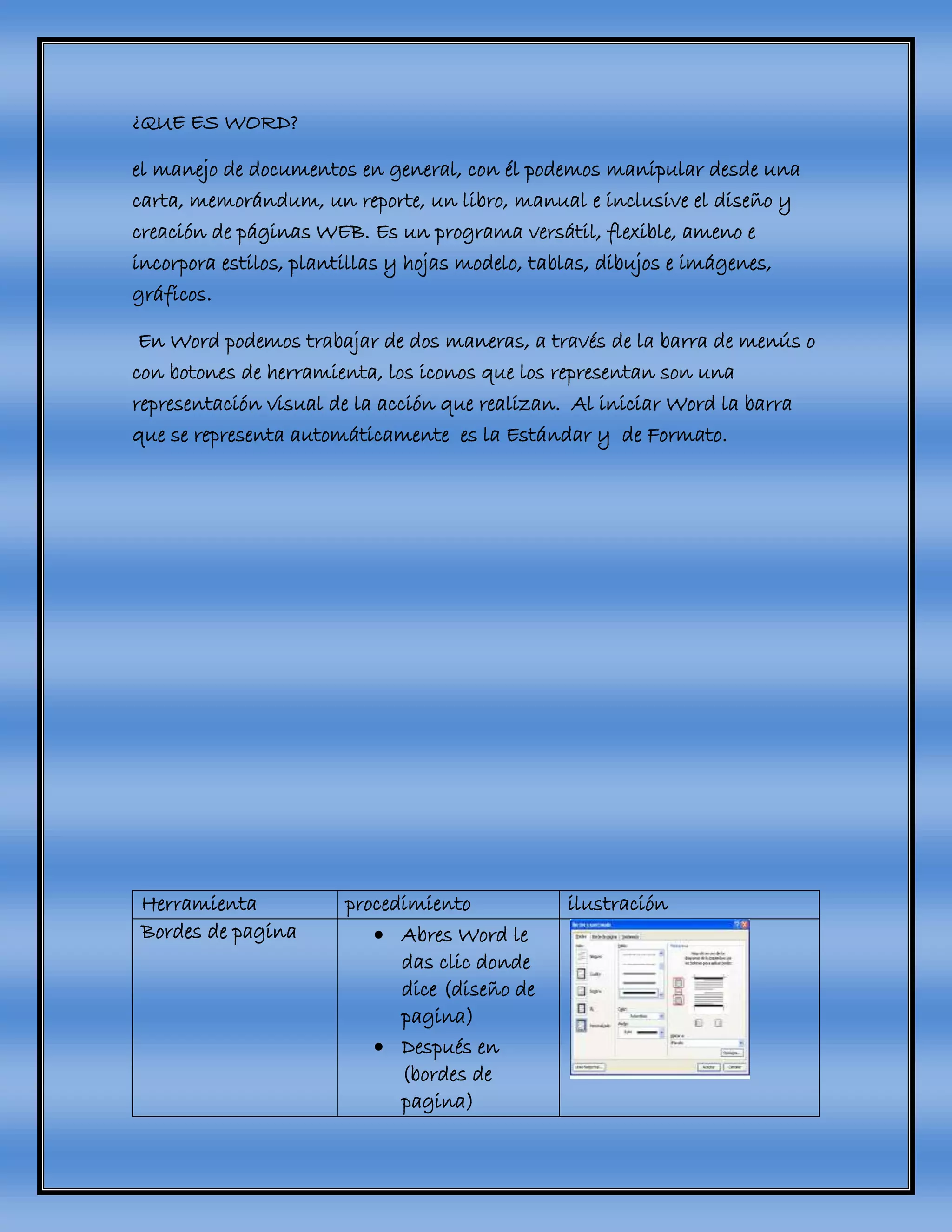 ¿QUE ES WORD?
el manejo de documentos en general, con él podemos manipular desde una
carta, memorándum, un reporte, un libro, manual e inclusive el diseño y
creación de páginas WEB. Es un programa versátil, flexible, ameno e
incorpora estilos, plantillas y hojas modelo, tablas, dibujos e imágenes,
gráficos.
En Word podemos trabajar de dos maneras, a través de la barra de menús o
con botones de herramienta, los iconos que los representan son una
representación visual de la acción que realizan. Al iniciar Word la barra
que se representa automáticamente es la Estándar y de Formato.
Herramienta procedimiento ilustración
Bordes de pagina  Abres Word le
das clic donde
dice (diseño de
pagina)
 Después en
(bordes de
pagina)
 