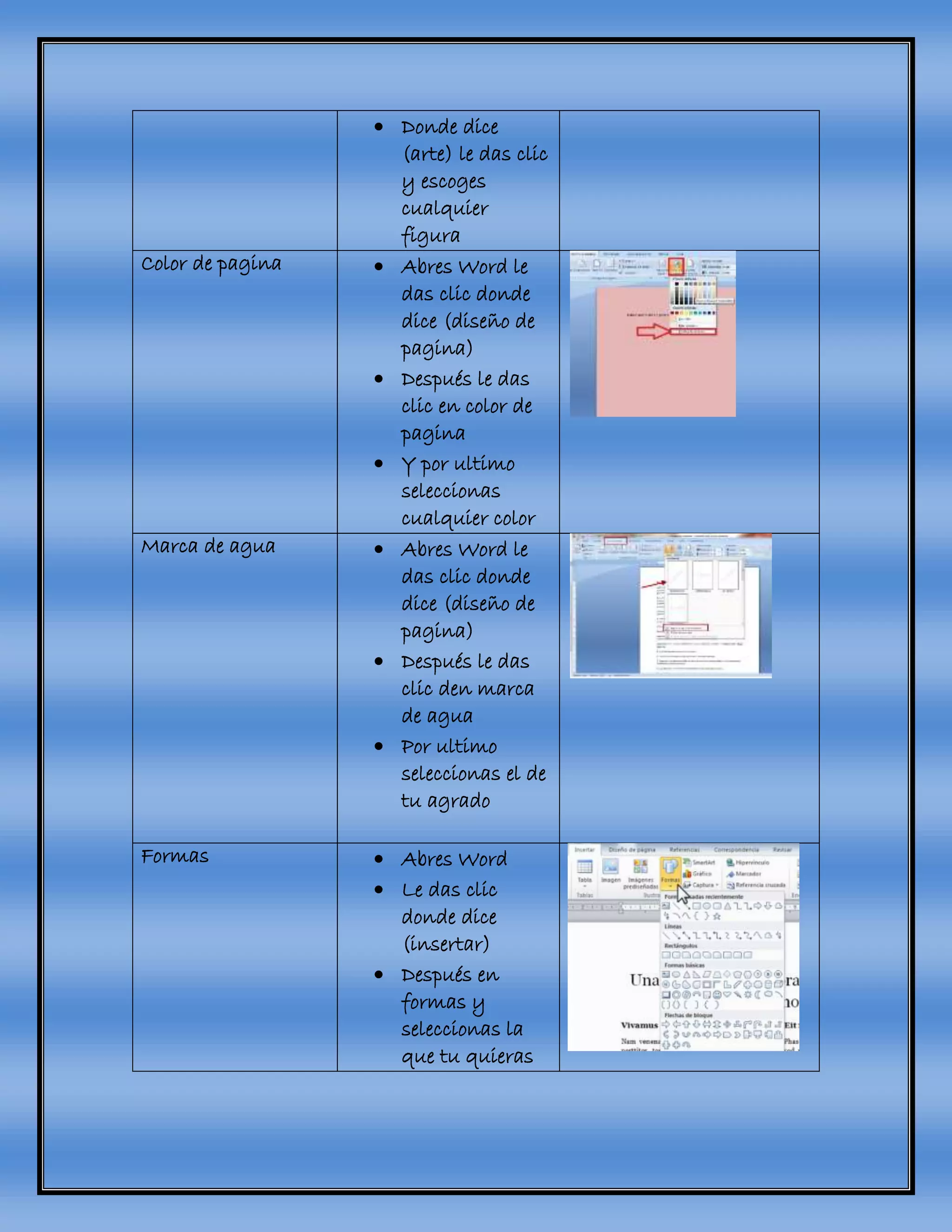  Donde dice
(arte) le das clic
y escoges
cualquier
figura
Color de pagina  Abres Word le
das clic donde
dice (diseño de
pagina)
 Después le das
clic en color de
pagina
 Y por ultimo
seleccionas
cualquier color
Marca de agua  Abres Word le
das clic donde
dice (diseño de
pagina)
 Después le das
clic den marca
de agua
 Por ultimo
seleccionas el de
tu agrado
Formas  Abres Word
 Le das clic
donde dice
(insertar)
 Después en
formas y
seleccionas la
que tu quieras
 