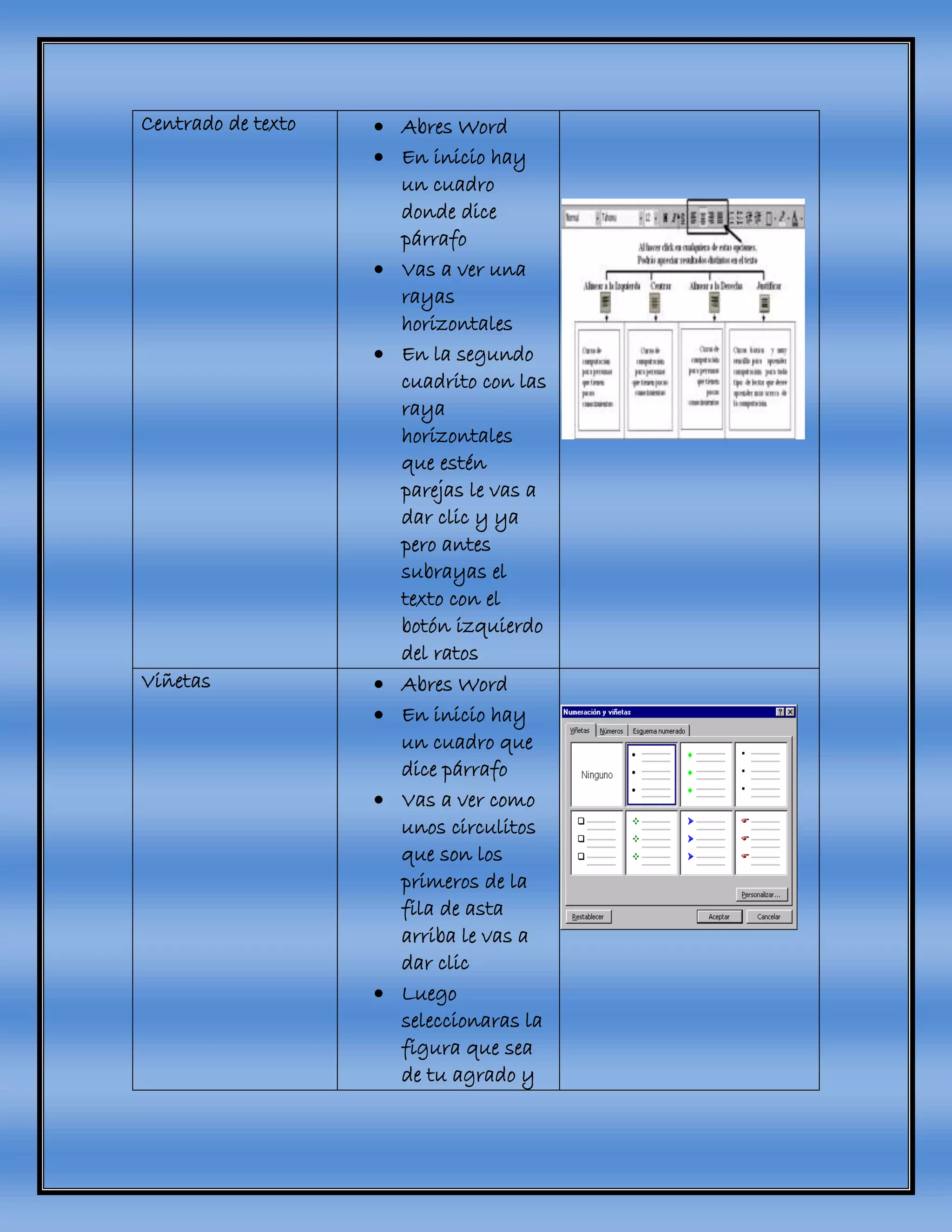 Centrado de texto  Abres Word
 En inicio hay
un cuadro
donde dice
párrafo
 Vas a ver una
rayas
horizontales
 En la segundo
cuadrito con las
raya
horizontales
que estén
parejas le vas a
dar clic y ya
pero antes
subrayas el
texto con el
botón izquierdo
del ratos
Viñetas  Abres Word
 En inicio hay
un cuadro que
dice párrafo
 Vas a ver como
unos circulitos
que son los
primeros de la
fila de asta
arriba le vas a
dar clic
 Luego
seleccionaras la
figura que sea
de tu agrado y
 