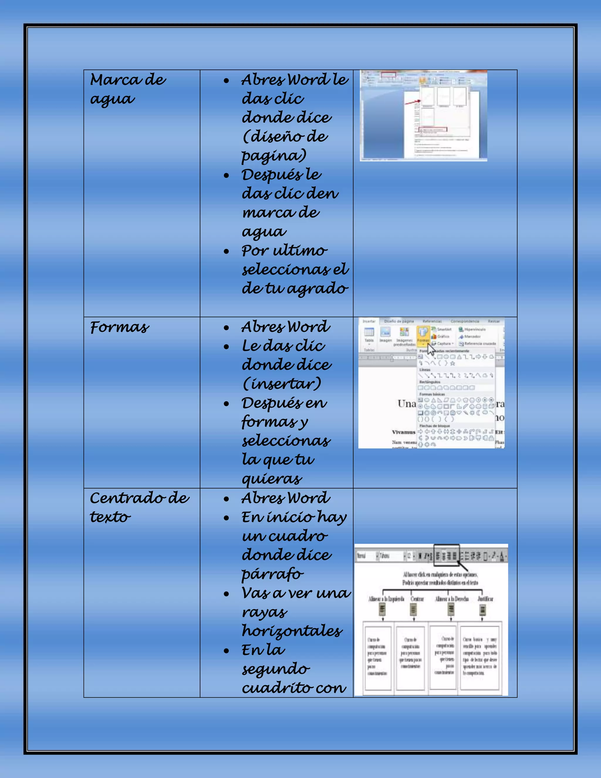 Marca de
agua
 Abres Word le
das clic
donde dice
(diseño de
pagina)
 Después le
das clic den
marca de
agua
 Por ultimo
seleccionas el
de tu agrado
Formas  Abres Word
 Le das clic
donde dice
(insertar)
 Después en
formas y
seleccionas
la que tu
quieras
Centrado de
texto
 Abres Word
 En inicio hay
un cuadro
donde dice
párrafo
 Vas a ver una
rayas
horizontales
 En la
segundo
cuadrito con
 