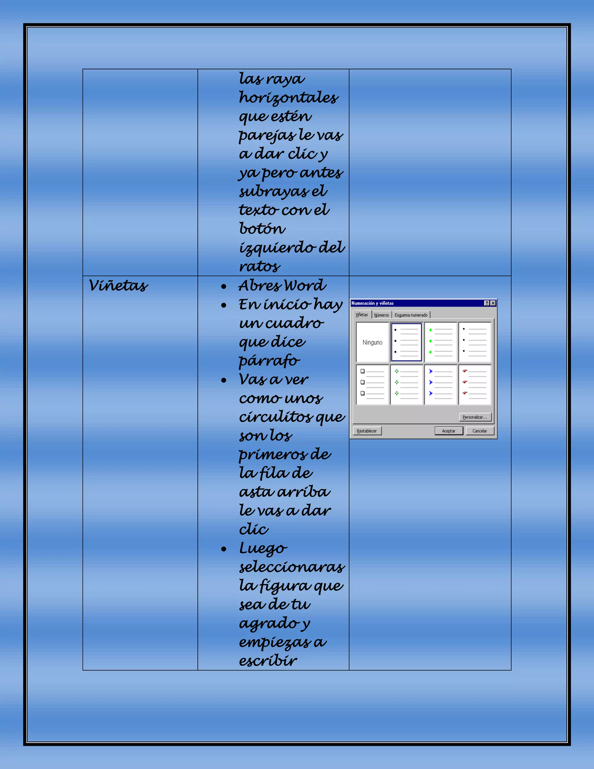 las raya
horizontales
que estén
parejas le vas
a dar clic y
ya pero antes
subrayas el
texto con el
botón
izquierdo del
ratos
Viñetas  Abres Word
 En inicio hay
un cuadro
que dice
párrafo
 Vas a ver
como unos
circulitos que
son los
primeros de
la fila de
asta arriba
le vas a dar
clic
 Luego
seleccionaras
la figura que
sea de tu
agrado y
empiezas a
escribir
 