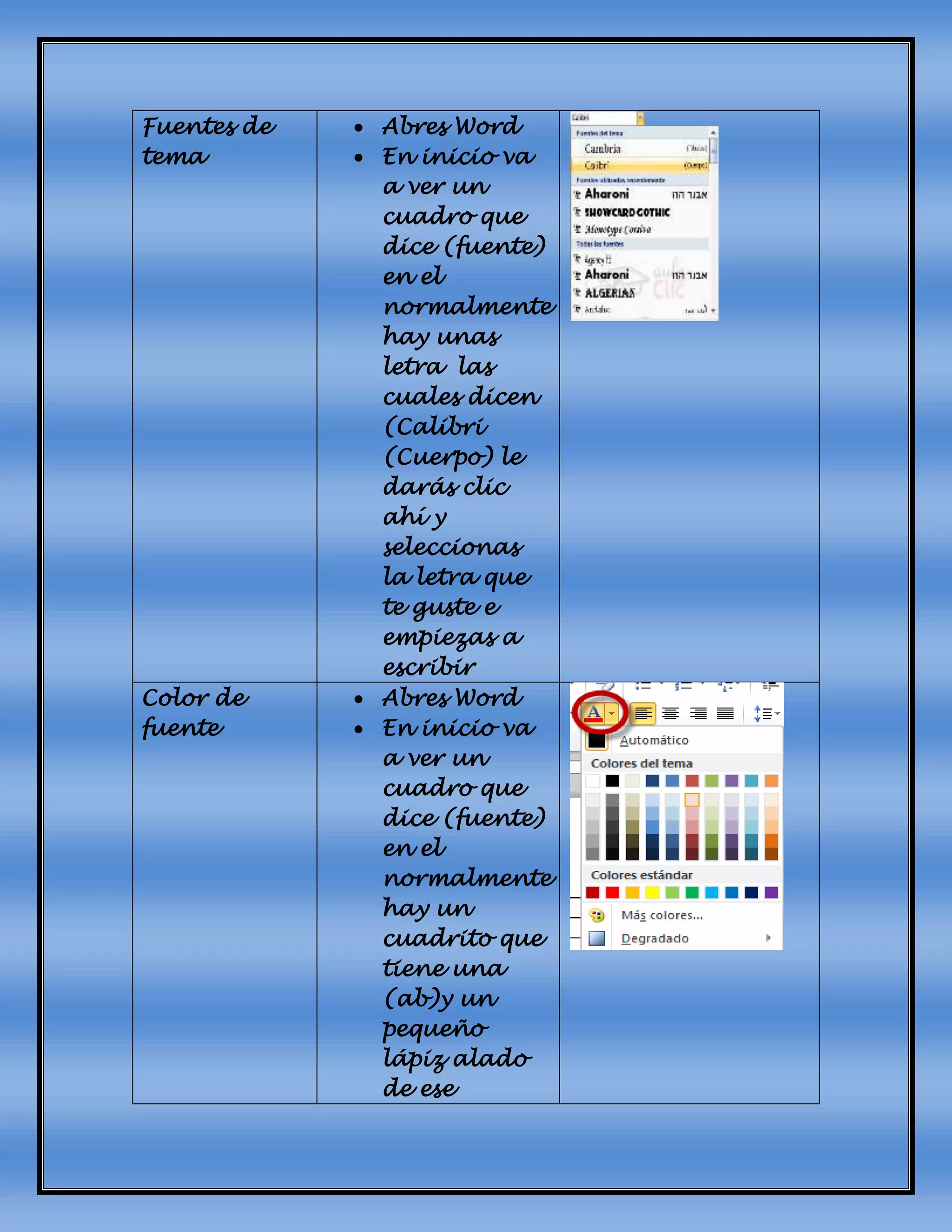 Fuentes de
tema
 Abres Word
 En inicio va
a ver un
cuadro que
dice (fuente)
en el
normalmente
hay unas
letra las
cuales dicen
(Calibri
(Cuerpo) le
darás clic
ahí y
seleccionas
la letra que
te guste e
empiezas a
escribir
Color de
fuente
 Abres Word
 En inicio va
a ver un
cuadro que
dice (fuente)
en el
normalmente
hay un
cuadrito que
tiene una
(ab)y un
pequeño
lápiz alado
de ese
 