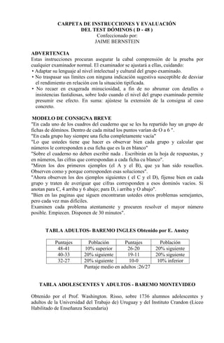 CARPETA DE INSTRUCCIONES Y EVALUACIÓN
DEL TEST DÓMINOS ( D - 48 )
Confeccionado por:
JAIME BERNSTEIN
ADVERTENCIA
Estas instrucciones procuran asegurar la cabal comprensión de la prueba por
cualquier examinador normal. El examinador se ajustará a ellas, cuidando:
• Adaptar su lenguaje al nivel intelectual y cultural del grupo examinado.
• No traspasar sus límites con ninguna indicación sugestiva susceptible de desviar
el rendimiento en relación con la situación tipificada.
• No recaer en exagerada minuciosidad, a fin de no abrumar con detalles o
insistencias fastidiosas, sobre lodo cuando el nivel del grupo examinado permite
presumir ese efecto. En suma: ajústese la extensión de la consigna al caso
concreto.
MODELO DE CONSIGNA BREVE
"En cada uno de los cuadros del cuaderno que se les ha repartido hay un grupo de
fichas de dóminos. Dentro de cada mitad los puntos varían de O a 6 ".
"En cada grupo hay siempre una ficha completamente vacía"
"Lo que ustedes tiene que hacer es observar bien cada grupo y calcular que
números le corresponden a esa ficha que es la en blanco"
"Sobre el cuaderno no deben escribir nada . Escribirán en la hoja de respuestas, y
en números, las cifras que correspondan a cada ficha cu blanco".
"Miren los dos primeros ejemplos (el A y el B), que ya han sido resuellos.
Observen como y porque corresponden esas soluciones".
"Ahora observen los dos ejemplos siguientes ( el C y el D), fíjense bien en cada
grupo y traten de averiguar que cifras corresponden a esos dominós vacíos. Si
anotan para C, 4 arriba y 6 abajo; para D, i arriba y O abajo".
"Bien en las paginas que siguen encontraran ustedes otros problemas semejantes,
pero cada vez mas difíciles.
Examinen cada problema atentamente y procuren resolver el mayor número
posible. Empiecen. Disponen de 30 minutos".
TABLA ADULTOS- BAREMO INGLES Obtenido por E. Anstcy
Puntajes Población Puntajes Población
48-41 10% superior 26-20 20% siguiente
40-33 20% siguiente 19-11 20% siguiente
32-27 20% siguiente 10-0 10% inferior
Puntaje medio en adultos :26/27
TABLA ADOLESCENTES Y ADULTOS - BAREMO MONTEVIDEO
Obtenido por el Prof. Washington. Risso, sobre 1736 alumnos adolescentes y
adultos de la Universidad del Trabajo de) Uruguay y del Instituto Crandon (Liceo
Habilitado de Enseñanza Secundaria)
 