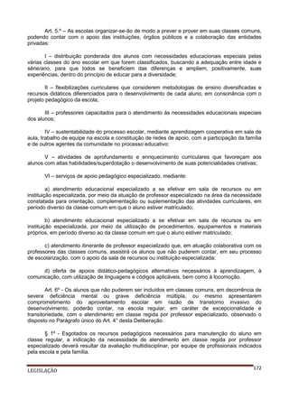 Art. 5.º – As escolas organizar-se-ão de modo a prever e prover em suas classes comuns,
podendo contar com o apoio das instituições, órgãos públicos e a colaboração das entidades
privadas:
I – distribuição ponderada dos alunos com necessidades educacionais especiais pelas
várias classes do ano escolar em que forem classificados, buscando a adequação entre idade e
série/ano, para que todos se beneficiem das diferenças e ampliem, positivamente, suas
experiências, dentro do princípio de educar para a diversidade;
II – flexibilizações curriculares que considerem metodologias de ensino diversificadas e
recursos didáticos diferenciados para o desenvolvimento de cada aluno, em consonância com o
projeto pedagógico da escola;
III – professores capacitados para o atendimento às necessidades educacionais especiais
dos alunos;
IV – sustentabilidade do processo escolar, mediante aprendizagem cooperativa em sala de
aula, trabalho de equipe na escola e constituição de redes de apoio, com a participação da família
e de outros agentes da comunidade no processo educativo;
V – atividades de aprofundamento e enriquecimento curriculares que favoreçam aos
alunos com altas habilidades/superdotação o desenvolvimento de suas potencialidades criativas;
VI – serviços de apoio pedagógico especializado, mediante:
a) atendimento educacional especializado a se efetivar em sala de recursos ou em
instituição especializada, por meio da atuação de professor especializado na área da necessidade
constatada para orientação, complementação ou suplementação das atividades curriculares, em
período diverso da classe comum em que o aluno estiver matriculado;
b) atendimento educacional especializado a se efetivar em sala de recursos ou em
instituição especializada, por meio da utilização de procedimentos, equipamentos e materiais
próprios, em período diverso ao da classe comum em que o aluno estiver matriculado;
c) atendimento itinerante de professor especializado que, em atuação colaborativa com os
professores das classes comuns, assistirá os alunos que não puderem contar, em seu processo
de escolarização, com o apoio da sala de recursos ou instituição especializada;
d) oferta de apoios didático-pedagógicos alternativos necessários à aprendizagem, à
comunicação, com utilização de linguagens e códigos aplicáveis, bem como à locomoção.
Art. 6º - Os alunos que não puderem ser incluídos em classes comuns, em decorrência de
severa deficiência mental ou grave deficiência múltipla, ou mesmo apresentarem
comprometimento do aproveitamento escolar em razão de transtorno invasivo do
desenvolvimento, poderão contar, na escola regular, em caráter de excepcionalidade e
transitoriedade, com o atendimento em classe regida por professor especializado, observado o
disposto no Parágrafo único do Art. 4° desta Deliberação.
§ 1º - Esgotados os recursos pedagógicos necessários para manutenção do aluno em
classe regular, a indicação da necessidade de atendimento em classe regida por professor
especializado deverá resultar da avaliação multidisciplinar, por equipe de profissionais indicados
pela escola e pela família.
LEGISLAÇÃO

172

 