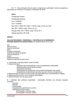 Art. 17 - Esta resolução entra em vigor na data de sua publicação, ficando revogadas as
disposições em contrário, em especial, a Resolução SE 95/00.
Notas:
Constituição Federal;
Constituição Estadual;
Lei n.º 8.069/90;
Lei n.º 9.394/96;
Del. CEE n.º 68/07 (Ind. CEE n.º 70/07), à pág. 313 do vol. LXIII;
Res. SE n.º 90/05, à pág. 148 do vol. LX;
Revoga a Res. SE n.º 95/00, à pág. 139 do vol. L;
Alterado pela Res. SE 31/08.
ANEXO I
SALA DE RECURSOS / ITINERÂNCIA - PORTIFÓLIO DE ATENDIMENTO
ROTEIRO DESCRITIVO INICIAL/ANUAL DE OBSERVAÇÃO DO ALUNO
Ano:
Nome do aluno:
Data de nascimento:
Série:
Endereço residencial:
Telefone de contato da família:
Área de deficiência:
Escola:
Diretoria de Ensino:
Relato do professor da sala comum:
A - Intervenção e interação afetiva, social e familiar
1- Histórico do Aluno
- Descrição das características do aluno (sociabilidade e afetividade)
- Relacionamento com a família e grupos
- Expectativas da família
- Antecedentes de atendimento, caso já tenha freqüentado outra escola
- Antecedentes de atendimento de outra natureza ( clínicos e terapêuticos)
2- Relacionamento do aluno na escola onde está matriculado (com os professores e colegas)
3- Relacionamento do aluno com o professor especialista
4- Relacionamento com seu grupo social
B – Avaliação pelo professor especialista - observação descritiva nas diversas situações
escolares:
- Interesse
- Atenção
- Concentração
- Compreensão e atendimento a ordens
- Habilidade sensório-motora
a) Percepção e memória visual
b) Percepção e memória auditiva
LEGISLAÇÃO

183

 