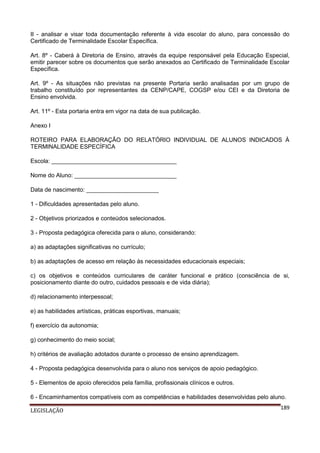 II - analisar e visar toda documentação referente à vida escolar do aluno, para concessão do
Certificado de Terminalidade Escolar Específica.
Art. 8º - Caberá à Diretoria de Ensino, através da equipe responsável pela Educação Especial,
emitir parecer sobre os documentos que serão anexados ao Certificado de Terminalidade Escolar
Específica.
Art. 9º - As situações não previstas na presente Portaria serão analisadas por um grupo de
trabalho constituído por representantes da CENP/CAPE, COGSP e/ou CEI e da Diretoria de
Ensino envolvida.
Art. 11º - Esta portaria entra em vigor na data de sua publicação.
Anexo I
ROTEIRO PARA ELABORAÇÃO DO RELATÓRIO INDIVIDUAL DE ALUNOS INDICADOS À
TERMINALIDADE ESPECÍFICA
Escola: ______________________________________
Nome do Aluno: _______________________________
Data de nascimento: ______________________
1 - Dificuldades apresentadas pelo aluno.
2 - Objetivos priorizados e conteúdos selecionados.
3 - Proposta pedagógica oferecida para o aluno, considerando:
a) as adaptações significativas no currículo;
b) as adaptações de acesso em relação às necessidades educacionais especiais;
c) os objetivos e conteúdos curriculares de caráter funcional e prático (consciência de si,
posicionamento diante do outro, cuidados pessoais e de vida diária);
d) relacionamento interpessoal;
e) as habilidades artísticas, práticas esportivas, manuais;
f) exercício da autonomia;
g) conhecimento do meio social;
h) critérios de avaliação adotados durante o processo de ensino aprendizagem.
4 - Proposta pedagógica desenvolvida para o aluno nos serviços de apoio pedagógico.
5 - Elementos de apoio oferecidos pela família, profissionais clínicos e outros.
6 - Encaminhamentos compatíveis com as competências e habilidades desenvolvidas pelo aluno.
LEGISLAÇÃO

189

 
