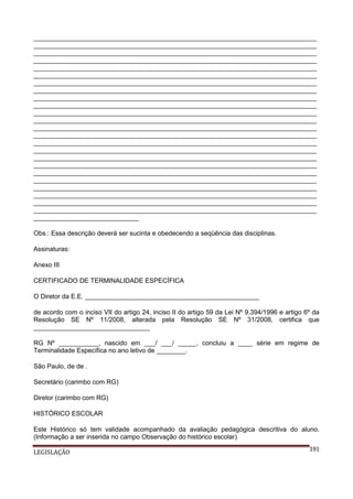 ______________________________________________________________________________
______________________________________________________________________________
______________________________________________________________________________
______________________________________________________________________________
______________________________________________________________________________
______________________________________________________________________________
______________________________________________________________________________
______________________________________________________________________________
______________________________________________________________________________
______________________________________________________________________________
______________________________________________________________________________
______________________________________________________________________________
______________________________________________________________________________
______________________________________________________________________________
______________________________________________________________________________
______________________________________________________________________________
______________________________________________________________________________
______________________________________________________________________________
______________________________________________________________________________
______________________________________________________________________________
______________________________________________________________________________
______________________________________________________________________________
______________________________________________________________________________
______________________________________________________________________________
_____________________________
Obs.: Essa descrição deverá ser sucinta e obedecendo a seqüência das disciplinas.
Assinaturas:
Anexo III
CERTIFICADO DE TERMINALIDADE ESPECÍFICA
O Diretor da E.E. ________________________________________________
de acordo com o inciso VII do artigo 24, inciso II do artigo 59 da Lei Nº 9.394/1996 e artigo 6º da
Resolução SE Nº 11/2008, alterada pela Resolução SE Nº 31/2008, certifica que
________________________________
RG Nº ___________, nascido em ___/ ___/ _____, concluiu a ____ série em regime de
Terminalidade Específica no ano letivo de ________.
São Paulo, de de .
Secretário (carimbo com RG)
Diretor (carimbo com RG)
HISTÓRICO ESCOLAR
Este Histórico só tem validade acompanhado da avaliação pedagógica descritiva do aluno.
(Informação a ser inserida no campo Observação do histórico escolar)
LEGISLAÇÃO

191

 