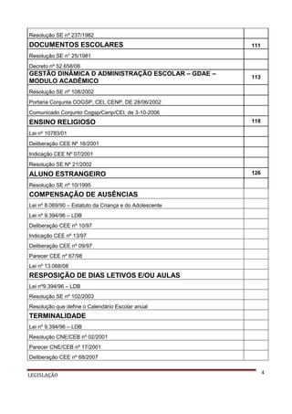 Resolução SE nº 237/1982

DOCUMENTOS ESCOLARES

111

Resolução SE n° 25/1981
Decreto nº 52.658/08

GESTÃO DINÂMICA D ADMINISTRAÇÃO ESCOLAR – GDAE –
MODULO ACADÊMICO

113

Resolução SE nº 108/2002
Portaria Conjunta COGSP, CEI, CENP, DE 28/06/2002
Comunicado Conjunto Cogsp/Cenp/CEI, de 3-10-2006

ENSINO RELIGIOSO

118

Lei nº 10783/01
Deliberação CEE Nº 16/2001
Indicação CEE Nº 07/2001
Resolução SE Nº 21/2002

ALUNO ESTRANGEIRO

126

Resolução SE nº 10/1995

COMPENSAÇÃO DE AUSÊNCIAS
Lei nº 8.069/90 – Estatuto da Criança e do Adolescente
Lei nº 9.394/96 – LDB
Deliberação CEE nº 10/97
Indicação CEE nº 13/97
Deliberação CEE nº 09/97
Parecer CEE nº 67/98
Lei nº 13.068/08

RESPOSIÇÃO DE DIAS LETIVOS E/OU AULAS
Lei nº9.394/96 – LDB
Resolução SE nº 102/2003
Resolução que define o Calendário Escolar anual

TERMINALIDADE
Lei nº 9.394/96 – LDB
Resolução CNE/CEB nº 02/2001
Parecer CNE/CEB nº 17/2001
Deliberação CEE nº 68/2007
LEGISLAÇÃO

4

 