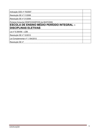 Indicação CEE nº 70/2007
Resolução SE nº 11/2008
Resolução SE nº 31/2008
Portaria Conjunta CENP/COGSP/CEI de 06/07/2009

ESCOLA DE ENSINO MÉDIO PERÍODO INTEGRAL –
DISCIPLINAS ELETIVAS
Lei nº 9.394/96 – LDB
Resolução SE nº 12/2012
Lei Complementar nº 1.164/2012
Resolução SE nº

LEGISLAÇÃO

5

 
