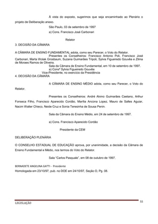 À vista do exposto, sugerimos que seja encaminhado ao Plenário o
projeto de Deliberação anexo.
São Paulo, 03 de setembro de 1997
a) Cons. Francisco José Carbonari
Relator
3. DECISÃO DA CÂMARA
A CÂMARA DE ENSINO FUNDAMENTAL adota, como seu Parecer, o Voto do Relator.
Presentes os Conselheiros: Francisco Antonio Poli, Francisco José
Carbonari, Marta Wolak Grosbaum, Suzana Guimarães Tripoli, Sylvia Figueiredo Gouvêa e Zilma
de Moraes Ramos de Oliveira.
Sala da Câmara de Ensino Fundamental, em 10 de setembro de 1997.
a) Consª Sylvia Figueiredo Gouvêa
Vice-Presidente, no exercício da Presidência
4. DECISÃO DA CÂMARA
A CÂMARA DE ENSINO MÉDIO adota, como seu Parecer, o Voto do
Relator.
Presentes os Conselheiros: André Alvino Guimarães Caetano, Arthur
Fonseca Filho, Francisco Aparecido Cordão, Marília Ancona Lopez, Mauro de Salles Aguiar,
Nacim Walter Chieco, Neide Cruz e Sonia Teresinha de Sousa Penin.
Sala da Câmara do Ensino Médio, em 24 de setembro de 1997.
a) Cons. Francisco Aparecido Cordão
Presidente da CEM
DELIBERAÇÃO PLENÁRIA
O CONSELHO ESTADUAL DE EDUCAÇÃO aprova, por unanimidade, a decisão da Câmara de
Ensino Fundamental e Médio, nos termos do Voto do Relator.
Sala “Carlos Pasquale”, em 08 de outubro de 1997.
BERNADETE ANGELINA GATTI - Presidente
Homologada em 23/10/97, pub. no DOE em 24/10/97, Seção O, Pg. 08.

LEGISLAÇÃO

55

 