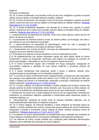 Seção III
Do Ensino Fundamental
Art. 32. O ensino fundamental, com duração mínima de oito anos, obrigatório e gratuito na escola
pública, terá por objetivo a formação básica do cidadão, mediante:
Art. 32. O ensino fundamental, com duração mínima de oito anos, obrigatório e gratuito na escola
pública a partir dos seis anos, terá por objetivo a formação básica do cidadão mediante: (Redação
dada pela Lei nº 11.114, de 2005)
Art. 32. O ensino fundamental obrigatório, com duração de 9 (nove) anos, gratuito na escola
pública, iniciando-se aos 6 (seis) anos de idade, terá por objetivo a formação básica do cidadão,
mediante: (Redação dada pela Lei nº 11.274, de 2006)
I - o desenvolvimento da capacidade de aprender, tendo como meios básicos o pleno domínio da
leitura, da escrita e do cálculo;
II - a compreensão do ambiente natural e social, do sistema político, da tecnologia, das artes e
dos valores em que se fundamenta a sociedade;
III - o desenvolvimento da capacidade de aprendizagem, tendo em vista a aquisição de
conhecimentos e habilidades e a formação de atitudes e valores;
IV - o fortalecimento dos vínculos de família, dos laços de solidariedade humana e de tolerância
recíproca em que se assenta a vida social.
§ 1º É facultado aos sistemas de ensino desdobrar o ensino fundamental em ciclos.
§ 2º Os estabelecimentos que utilizam progressão regular por série podem adotar no ensino
fundamental o regime de progressão continuada, sem prejuízo da avaliação do processo de
ensino-aprendizagem, observadas as normas do respectivo sistema de ensino.
§ 3º O ensino fundamental regular será ministrado em língua portuguesa, assegurada às
comunidades indígenas a utilização de suas línguas maternas e processos próprios de
aprendizagem.
§ 4º O ensino fundamental será presencial, sendo o ensino a distância utilizado como
complementação da aprendizagem ou em situações emergenciais.
§ 5o O currículo do ensino fundamental incluirá, obrigatoriamente, conteúdo que trate dos direitos
das crianças e dos adolescentes, tendo como diretriz a Lei no 8.069, de 13 de julho de 1990, que
institui o Estatuto da Criança e do Adolescente, observada a produção e distribuição de material
didático adequado. (Incluído pela Lei nº 11.525, de 2007).
Art. 33. O ensino religioso, de matrícula facultativa, constitui disciplina dos horários normais das
escolas públicas de ensino fundamental, sendo oferecido, sem ônus para os cofres públicos, de
acordo com as preferências manifestadas pelos alunos ou por seus responsáveis, em caráter:
I - confessional, de acordo com a opção religiosa do aluno ou do seu responsável, ministrado por
professores ou orientadores religiosos preparados e credenciados pelas respectivas igrejas ou
entidades religiosas; ou
II - interconfessional, resultante de acordo entre as diversas entidades religiosas, que se
responsabilizarão pela elaboração do respectivo programa.
Art. 33. O ensino religioso, de matrícula facultativa, é parte integrante da formação básica do
cidadão e constitui disciplina dos horários normais das escolas públicas de ensino fundamental,
assegurado o respeito à diversidade cultural religiosa do Brasil, vedadas quaisquer formas de
proselitismo. (Redação dada pela Lei nº 9.475, de 22.7.1997)
§ 1º Os sistemas de ensino regulamentarão os procedimentos para a definição dos conteúdos do
ensino religioso e estabelecerão as normas para a habilitação e admissão dos professores.
§ 2º Os sistemas de ensino ouvirão entidade civil, constituída pelas diferentes denominações
religiosas, para a definição dos conteúdos do ensino religioso."
LEGISLAÇÃO

9

 