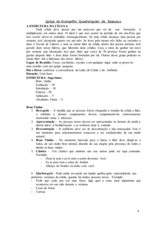 Igreja do Evangelho Quadrangular de Itaipuaçu
9
A ESTRUTURA DA CÉLULA
Toda célula deve passar por um processo que vai da sua formação à
multiplicação em outras doze. O ideal é que isso ocorra no período de um ano.Para que
isso ocorra dever-se trabalhar estrategicamente. Se uma célula alcançar uma pessoa por
semana, terá alcançado quatro em um mês. Se levar pelo menos três delas ao encontro e
duas à Escola de Líderes e uma se tornar líder de célula, dentro dos prazos normais, terá
gerado doze novos líderes, que liderarão doze células. Caso a meta de ganhar um novo
por semana seja alcançado, isso quer dizer que cerca de 50 pessoas foram ganhas na
gestão daquele líder e doze delas foram formados por ele. Outras desse grupo poderão se
tornar líder sob a liderança dos novos líderes.
Lugar de Reunião: Casas, escritórios, escolas e em qualquer lugar onde se possa ter
uma reunião com um grupo pequeno.
Dia e Hora: conforme a conveniência do Líder de Célula e do Anfitrião
Duração: Uma hora.
ESTRUTURA: Sugerimos
Boas vindas
Exaltação – 10`
Introdução – 10
Palavra – 30`
Aplicação – 5`
Atividades Finais – 5`
Boas Vindas
1. Recepção – À medida que as pessoas forem chegando à reunião da célula o líder,
o anfitrião e demais componentes devem cumprimentá-las calorosamente,
mostrando amor e interesse.
2. Apresentação – As pessoas novas devem ser apresentadas às demais, de modo a
darem início à familiarização e se sentirem mais à vontade.
3. Descontração – O ambiente deve ser de descontração e não ameaçador. Este é
um momento para relacionamentos comecem a ser estabelecidos de um modo
natural.
4. Boas Vindas – No momento marcado para o início, o líder deve dirigir-se a
todos, de um modo bem natural, dizendo da sua alegria pela presença de todos e
dando as boas vindas.
5. Cântico – Um cântico que ministra uns aos outros pode ser aqui cantando.
Exemplo:
- Deus te ama e eu te amo e assim devemos viver
- Eu te amo com o amor do Senhor
- Aliança do Senhor eu tenho com você
6 Quebra-gelo – Pode ainda ser usado um rápido quebra-gelo, especialmente nas
primeiras semanas da célula, quando há muitas pessoas novas. Exemplo:
- Pedir que cada um, em uma frase, diga qual a coisa mais importante que
aconteceu em sua vida durante a semana.
- Cesto de frutos
- Correio
 