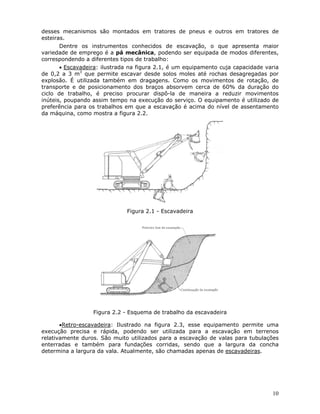 10
desses mecanismos são montados em tratores de pneus e outros em tratores de
esteiras.
Dentre os instrumentos conhecidos de escavação, o que apresenta maior
variedade de emprego é a pá mecânica, podendo ser equipada de modos diferentes,
correspondendo a diferentes tipos de trabalho:
• Escavadeira: ilustrada na figura 2.1, é um equipamento cuja capacidade varia
de 0,2 a 3 m3
que permite escavar desde solos moles até rochas desagregadas por
explosão. É utilizada também em dragagens. Como os movimentos de rotação, de
transporte e de posicionamento dos braços absorvem cerca de 60% da duração do
ciclo de trabalho, é preciso procurar dispô-la de maneira a reduzir movimentos
inúteis, poupando assim tempo na execução do serviço. O equipamento é utilizado de
preferência para os trabalhos em que a escavação é acima do nível de assentamento
da máquina, como mostra a figura 2.2.
Figura 2.1 - Escavadeira
Figura 2.2 - Esquema de trabalho da escavadeira
•Retro-escavadeira: Ilustrado na figura 2.3, esse equipamento permite uma
execução precisa e rápida, podendo ser utilizada para a escavação em terrenos
relativamente duros. São muito utilizados para a escavação de valas para tubulações
enterradas e também para fundações corridas, sendo que a largura da concha
determina a largura da vala. Atualmente, são chamadas apenas de escavadeiras.
 