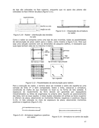 47
da laje são colocadas na face superior, enquanto que no apoio dos pilares são
colocadas na face inferior da placa (figura 5.11).
Figura 5.10 - Radier - distribuição das tensões
no solo
Figura 5.11 - Disposição da armadura
no radier
Como o radier se comporta como uma laje de piso invertida, todas as possibilidades
de estruturação de pisos valem para o radier, como mostra a figura 5.12. Para que
seja uma solução coerente com as dimensões do pequeno edifício, é necessário que
suas lajes tenham vãos de no máximo 4 metros.
Figura 5.12 - Possibilidades de estruturação para radiers
Para a execução do radier, o terreno deve ser nivelado e sobre ele espalha-se uma
camada de brita nº 2 bem compactada. Sobre a brita, coloca-se a armadura,
constituída de malha de aço montada no local ou na forma de tela soldada. A
espessura do recobrimento do ferro deverá ser garantida por espaçadores
industrializados ou feitos de argamassa na própria obra. Quanto ao posicionamento
das telas, tem-se duas opções: i) telas duplas colocadas em ambas as faces (superior
e inferior) da placa, absorvendo os momentos fletores negativos e positivos (figura
5.13); ii) tela colocada no meio da espessura da placa, absorvendo momentos
positivos e negativos (figura 5.14).
Figura 5.13 - Armadura negativa e positiva
em radier Figura 5.14 - Armadura no centro da seção
 