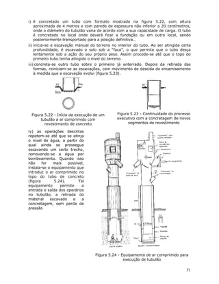 51
i) é concretado um tubo com formato mostrado na figura 5.22, com altura
aproximada de 4 metros e com parede de espessura não inferior a 20 centímetros,
onde o diâmetro do tubulão varia de acordo com a sua capacidade de carga. O tubo
é concretado no local onde deverá ficar a fundação ou em outro local, sendo
posteriormente transportado para a posição definitiva..
ii) inicia-se a escavação manual do terreno no interior do tubo. Ao ser atingida certa
profundidade, é escavado o solo sob a “faca”, o que permite que o tubo desça
lentamente sob a ação do seu próprio peso. Assim procede-se até que o topo do
primeiro tubo tenha atingido o nível do terreno.
iii) concreta-se outro tubo sobre o primeiro já enterrado. Depois da retirada das
formas, reiniciam-se as escavações, com movimento de descida do encamisamento
à medida que a escavação evolui (figura 5.23).
Figura 5.22 - Início da execução de um
tubulão a ar comprimido com
revestimento de concreto
Figura 5.23 - Continuidade do processo
executivo com a concretagem de novos
segmentos de revestimento
iv) as operações descritas
repetem-se até que se atinja
o nível de água, a partir do
qual ainda se prossegue
escavando um certo trecho,
removendo-se a água por
bombeamento. Quando isso
não for mais possível,
instala-se o equipamento que
introduz o ar comprimido no
topo do tubo de concreto
(figura 5.24). Tal
equipamento permite a
entrada e saída dos operários
no tubulão, a retirada do
material escavado e a
concretagem, sem perda de
pressão
Figura 5.24 - Equipamento de ar comprimido para
execução de tubulão
 