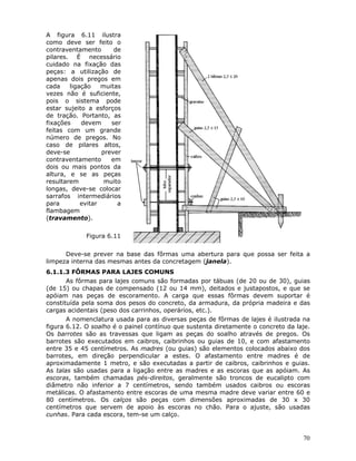 70
A figura 6.11 ilustra
como deve ser feito o
contraventamento de
pilares. É necessário
cuidado na fixação das
peças: a utilização de
apenas dois pregos em
cada ligação muitas
vezes não é suficiente,
pois o sistema pode
estar sujeito a esforços
de tração. Portanto, as
fixações devem ser
feitas com um grande
número de pregos. No
caso de pilares altos,
deve-se prever
contraventamento em
dois ou mais pontos da
altura, e se as peças
resultarem muito
longas, deve-se colocar
sarrafos intermediários
para evitar a
flambagem
(travamento).
Figura 6.11
Deve-se prever na base das fôrmas uma abertura para que possa ser feita a
limpeza interna das mesmas antes da concretagem (janela).
6.1.1.3 FÔRMAS PARA LAJES COMUNS
As fôrmas para lajes comuns são formadas por tábuas (de 20 ou de 30), guias
(de 15) ou chapas de compensado (12 ou 14 mm), deitados e justapostos, e que se
apóiam nas peças de escoramento. A carga que essas fôrmas devem suportar é
constituída pela soma dos pesos do concreto, da armadura, da própria madeira e das
cargas acidentais (peso dos carrinhos, operários, etc.).
A nomenclatura usada para as diversas peças de fôrmas de lajes é ilustrada na
figura 6.12. O soalho é o painel contínuo que sustenta diretamente o concreto da laje.
Os barrotes são as travessas que ligam as peças do soalho através de pregos. Os
barrotes são executados em caibros, caibrinhos ou guias de 10, e com afastamento
entre 35 e 45 centímetros. As madres (ou guias) são elementos colocados abaixo dos
barrotes, em direção perpendicular a estes. O afastamento entre madres é de
aproximadamente 1 metro, e são executadas a partir de caibros, caibrinhos e guias.
As talas são usadas para a ligação entre as madres e as escoras que as apóiam. As
escoras, também chamadas pés-direitos, geralmente são troncos de eucalipto com
diâmetro não inferior a 7 centímetros, sendo também usados caibros ou escoras
metálicas. O afastamento entre escoras de uma mesma madre deve variar entre 60 e
80 centímetros. Os calços são peças com dimensões aproximadas de 30 x 30
centímetros que servem de apoio às escoras no chão. Para o ajuste, são usadas
cunhas. Para cada escora, tem-se um calço.
 