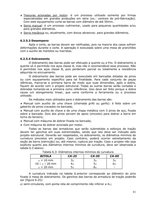 81
♦ Tesouras acionadas por motor: é um processo utilizado somente por firmas
especializadas em grandes produções em série (ex.: centrais de pré-fabricação).
Com este equipamento corta-se barras com diâmetro de até 50mm.
♦ Serra manual: é um processo rudimentar, usado para pequenas quantidades e/ou
para grandes diâmetros.
♦ Serra mecânica ou, atualmente, com discos abrasivos: para grandes diâmetros.
6.2.5.3 Desempeno
Após o corte, as barras devem ser retificadas, pois na maioria dos casos sofrem
deformações durante o corte. A operação é executada sobre uma mesa de pranchões
com o auxílio de martelos ou marretas.
6.2.5.4 Dobramento
O dobramento das barras pode ser efetuado a quente ou a frio. O dobramento a
quente só é permitido nos aços classe A, mas não é recomendável esse processo. Não
é permitido nos aços classe B, pois perderiam parcial ou totalmente a resistência
adquirida no encruamento.
O dobramento das barras pode ser executado em bancadas dotadas de pinos
ou com equipamento específico para tal finalidade. Para cada conjunto de peças
idênticas, marca-se a primeira barra de modo que suas dimensões, após a dobra,
fiquem de acordo com o projeto estrutural. Todas as outras barras serão cortadas e
dobradas tomando-se a primeira como referência. Isso deve ser feito porque a dobra
causa um alongamento linear, que varia conforme a ferramenta ou o processo
utilizado.
Os métodos mais utilizados para o dobramento das barras são:
♦ Manual com auxílio de uma chave (chamada grifo ou garfo): é feito sobre um
gabarito de pinos cravados na bancada;
♦ Manual com auxílio de chave e de uma chapa metálica com 3 pinos de aço, fixada
sobre a bancada. Dois dos pinos servem de apoio (encosto) para dobrar a barra em
torno do terceiro;
♦ Manual com máquina de dobrar fixada na bancada;
♦ Com máquina de dobrar acionada por motor.
Todas as barras das armaduras que serão submetidas a esforços de tração
devem ter ganchos em suas extremidades, sendo que isto deve ser indicado pelo
projeto estrutural. Deverão ser respeitados, no dobramento, os diâmetros mínimos de
curvatura previstos em projeto. Caso contrário, poderá ocorrer estreitamento da
seção da barra (estricção) ou, até mesmo, ruptura por tração. Caso o projeto não seja
explícito quanto aos diâmetros internos mínimos de curvatura, deve ser observada a
tabela 6.3 abaixo:
Tabela 6.3- Diâmetros internos mínimos de curvatura
BITOLA CA-25 CA-50 CA-60
φ < 10 mm
10 ≤ φ ≤ 20 mm
φ > 20 mm
3φ
4φ
5φ
3φ
5φ
8φ
3φ
6φ
-
A curvatura indicada na tabela 6.anterior corresponde ao diâmetro do pino
fixado à mesa de dobramento. Os ganchos das barras da armadura de tração poderão
ser (figura 6.25):
a) semi-circulares, com ponta reta de comprimento não inferior a 4φ;
 