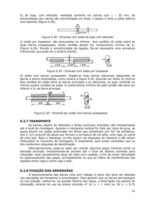 84
b) de topo, com eletrodo: realizada somente em barras com φ ≥ 20 mm. As
extremidades das barras são esmerilhadas em bisel, e depois é feita a solda elétrica
com eletrodo (figura 6.28).
Figura 6.28 - Emenda com solda de topo com eletrodo
c) solda por traspasse: são executados no mínimo dois cordões de solda sobre as
duas barras traspassadas. Esses cordões devem ter comprimento mínimo de 5φ
(figura 6.29). Devido à excentricidade da ligação, faz-se necessária uma armadura
transversal, que pode ser o próprio estribo.
Figura 6.29 - Emenda com solda por traspasse
d) solda com barras justapostas: dispõe-se duas barras adicionais adjacentes às
barras a serem emendadas, como mostra a figura 6.30. Deverão ser feitas no mínimo
dois cordões de solda entre as barras principais e as adicionais, ou seja, existirão no
mínimo quatro cordões de solda. O comprimento mínimo de cada cordão não deve ser
inferior a 5φ da barra principal.
Figura 6.30 - Emenda por solda com barras justapostas
6.2.7 TRANSPORTE
As barras, depois de dobradas e feitas eventuais emendas, são transportadas
até o local de montagem. Quando o transporte vertical for feito por meio de grua, as
peças devem ser içadas amarradas em feixes que contenham um “kit” de armadura,
isto é, um conjunto de peças que formem a armadura de um pilar, uma viga, ou parte
de uma laje. Após a descarga, os kits devem ser dispostos de maneira a não serem
misturados no momento da montagem. É importante, para evitar confusões, que os
kits contenham etiquetas de identificação.
Alternativamente, pode-se optar por montar algumas peças menores ainda na
bancada principal, transportando-as prontas até o local de destino somente para
colocação. Esse procedimento deve ser feito com cuidado, a fim de evitar dificuldade
no posicionamento das peças, principalmente no que se refere às interferências nas
ligações entre vigas e entre viga e pilar.
6.2.8 FIXAÇÃO DAS ARMADURAS
O posicionamento das barras uma com relação à outra não deve ser alterado
nas operações de transporte e concretagem. Para garantir que as barras permaneçam
na sua posição, realiza-se, na grande maioria dos casos, a amarração nos pontos de
interseção, através do uso de arame recozido nº 16 (φ = 1 mm) ou 18 (φ = 0,75
 