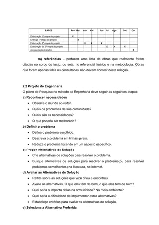 FASES                Fev Mar   Abr   Mai   Jun Jul   Ago   Set   Out

       Elaboração 1ª etapa do projeto      X
       Entrega 1ª etapa do projeto             X
       Elaboração 2ª etapa do projeto                X     X     X
       Elaboração da 3ª etapa do projeto                              X    X     X
       Apresentação trabalho                                                           X



              m) referências – perfazem uma lista de obras que realmente foram
citadas no corpo do texto, ou seja, no referencial teórico e na metodologia. Obras
que foram apenas lidas ou consultadas, não devem constar desta relação.




2.2 Projeto de Engenharia
O plano de Pesquisa no método de Engenharia deve seguir as seguintes etapas:
a) Reconhecer necessidades
   •     Observe o mundo ao redor.
   •     Quais os problemas de sua comunidade?
   •     Quais são as necessidades?
   •     O que poderia ser melhorado?
b) Definir o problema
   •     Defina o problema escolhido.
   •     Descreva o problema em linhas gerais.
   •     Reduza o problema focando em um aspecto específico.
c) Propor Alternativas de Solução
   •     Crie alternativas de soluções para resolver o problema.
   •     Busque alternativas de soluções para resolver o problema(ou para resolver
         problemas semelhantes) na literatura, na internet.
d) Avaliar as Alternativas de Solução
   •     Reflita sobre as soluções que você criou e encontrou.
   •     Avalie as alternativas. O que elas têm de bom, o que elas têm de ruim?
   •     Qual seria o impacto delas na comunidade? No meio ambiente?
   •     Qual seria a dificuldade de implementar estas alternativas?
   •     Estabeleça critérios para avaliar as alternativas de solução.
e) Seleciona a Alternativa Preferida
 