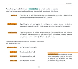 25
SUMÁRIO
As planilhas seguintes são destinadas à entrada de dados porparte do usuário, representan-
do os cenários de gestão de resíduos sólidos que serão objeto de quantificação de emissões:
Aba Início Especificação da quantidade de resíduos, composição dos resíduos, características
dos resíduos e matriz energética específica da região.
Aba Reciclagem Especificações para as opções de reciclagem de resíduos (secos e orgânicos).
Até quatro cenários (incluindo o Cenário-base) podem ser definidos e comparados.
Aba Disposição Especificações para as opções de recuperação e/ou disposição do RSU residual
(quantidade restante de resíduos após a reciclagem). Novamente, podemos definir e
comparar até quatro cenários (incluindo o Cenário-base).
As abas subsequentes apresentam os resultados relacionados
aos cenários propostos:
Resultados Base Resultados do Cenário-base
Result Cen1 Resultados do Cenário 1
Result Cen2 Resultados do Cenário 2
Result Cen3 Resultados do Cenário 3
Resultados Todos: Comparação resumida
dos resultados dos cenários definidos.
As planilhas são explicadas com mais
detalhes nas seções a seguir.
 