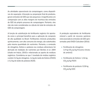 99
SUMÁRIO
As atividades operacionais da compostagem, como dispositi-
vos de separação, trituração ou preparação final de produtos,
geram emissões de GEE que são pequenas e insignificantes em
comparação com as altas margens de incerteza das emissões
de GEE do próprio processo de compostagem. Portanto, elas
não são mais consideradas no cálculo do total de emissões de
GEE da compostagem.
A função de substituição do fertilizante orgânico foi aponta-
da como o principal benefício para a aplicação de composto
de alta qualidade no Brasil. Fertilizantes minerais produzidos
quimicamente, com alto consumo de energia, são substituídos
pela mesma quantidade de nutrientes. Portanto, o conteúdo
de nitrogênio, fósforo e potássio nos resíduos alimentares foi
derivado de medições de nutrientes por Benites et al. 2004
(citado em Inácio, 2010) e relacionado ao aporte de resíduos
orgânicos. Considerou-se que 1 tonelada de resíduo orgânico
contém 5,4 kg de nitrogênio, 1,6 kg de óxido de fósforo (P2O5)
e 5,2 kg de óxido de potássio (K2O).
A produção equivalente de fertilizante
mineral a partir de recursos químicos
está associada às emissões de GEE apre-
sentadas pela ENZO Calculator (2016):
• Fertilizante de nitrogênio:
3,4 kg CO2
eq/kg N (como nitrato
de amônio)
• Fertilizante de fósforo: 1,56 kg
CO2
eq/kg P2O5
• Fertilizante de potássio: 0,58 kg
CO2
eq/kg K2O
 