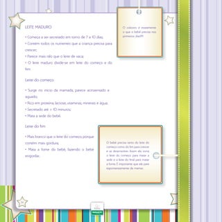 LEITE MADURO

O colostro é exatamente
o que o bebê precisa nos
primeiros dias!!!!!

• Começa a ser secretado em torno de 7 a 10 dias;
• Contém todos os nutrientes que a criança precisa para
crescer;
• Parece mais ralo que o leite de vaca;
• O leite maduro divide-se em leite do começo e do
fim:

Leite do começo
• Surge no início da mamada, parece acinzentado e
aguado;
• Rico em proteína, lactose, vitaminas, minerais e água;
• Secretado até ± 10 minutos;
• Mata a sede do bebê.

Leite do fim
• Mais branco que o leite do começo, porque
contém mais gordura;
• Mata a fome do bebê, fazendo o bebê
engordar.

·

34

O bebê precisa tanto do leite do
começo como do fim para crescer
e se desenvolver. Assim ele toma
o leite do começo para matar a
sede e o leite do final para matar
a fome. É importante que ele pare
espontaneamente de mamar.

 