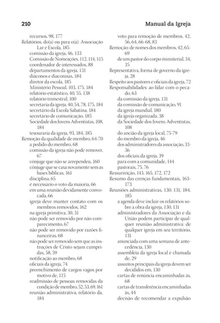 Designer
EditorTexto
C.Qualidade
Depto.Arte
23593ManualdaIgreja2010
210 Manual da Igreja
	 recursos, 98, 177
Relatórios, do(a) ou para o(a): Associação
Lar e Escola, 185
	 comissão da igreja, 46, 133
	 Comissão de Nomeações, 112, 114, 115
	 coordenador de interessados, 88
	 departamentos da igreja, 131
	 diáconos e diaconisas, 184
	 diretor da escola, 185
	 Ministério Pessoal, 103, 175, 184
	 relatório estatístico, 40, 55, 138
	 relatório trimestral, 100
	 secretaria da igreja, 40, 54, 78, 175, 184
	 secretário da Escola Sabatina, 184
	 secretário de comunicação, 185
	 Sociedade dos Jovens Adventistas, 108,
184
	 tesouraria da igreja, 93, 184, 185
Remoção da qualidade de membro, 64-70
	 a pedido do membro, 68
	 comissão da igreja não pode remover,
67
	 cônjuge que não se arrependeu, 160
	 cônjuge que se casa novamente sem as
bases bíblicas, 161
	 disciplina, 65
	 é necessário o voto da maioria, 66
	 em uma reunião devidamente convo-
cada, 66
	 igreja deve manter contato com os
membros removidos, 162
	 na igreja primitiva, 30, 31
	 não pode ser removido por não com-
parecimento, 67
	 não pode ser removido por razões fi-
nanceiras, 68
	 não pode ser removido sem que as ins-
truções de Cristo sejam cumpri-
das, 58, 59
	 notificação ao membro, 68
	 oficiais da igreja, 74
	 preenchimento de cargos vagos por
motivo de, 115
	 readmissão de pessoas removidas da
condiçãodemembro,52,53,69,161
	 reunião administrativa, relatório da,
184
	 voto para remoção de membros, 42,
56, 64, 66-68, 83
Remoção: de nomes dos membros, 42, 65-
69
	 de um pastor do corpo ministerial, 34,
35
Representativa, forma de governo da igre-
ja, 28
Respeito aos pastores e oficiais da igreja, 72
Responsabilidades: ao lidar com o peca-
do, 63
	 da comissão da igreja, 131
	 da comissão de comunicação, 91
	 da igreja mundial, 180
	 da igreja organizada, 38
	 da Sociedade dos Jovens Adventistas,
108
	 do ancião da igreja local, 75-79
	 do membro da igreja, 46
	 dos administradores da associação, 33-
36
	 dos oficiais da igreja, 39
	 para com a comunidade, 144
	 pastorais, 75, 76
Ressurreição, 143, 165, 172, 172
Resumo das crenças fundamentais, 163-
173
Reuniões administrativas, 130, 131, 184,
185
	 a agenda deve incluir os relatórios so-
bre a obra da igreja, 130, 131
	 administradores da Associação e da
União podem participar de qual-
quer reunião administrativa: de
qualquer igreja em seu território,
131
	 anunciada com uma semana de ante-
cedência, 130
	 assembleia da igreja local é chamada
de, 29
	 assuntos principais da igreja devem ser
decididos em, 130
	 cartas de renúncia encaminhadas às,
68
	 cartas de transferência encaminhadas
às, 44
	 decisão de recomendar a expulsão
 