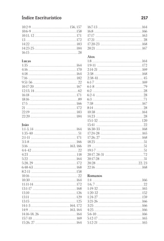 23593ManualdaIgreja2010
Designer
EditorTexto
C.Qualidade
Depto.Arte
Índice Escriturístico 217
10:2-9 ........................................................................................156, 157
10:6-9 .......................................................................................................158
10:11, 12 ................................................................................................171
13 ....................................................................................................................172
14:22 ..........................................................................................................183
14:23-25 ................................................................................................184
16:15 ..............................................................................................................28
Lucas
1:35 ..............................................................................................................164
4:16 ..............................................................................................................170
4:18 ..............................................................................................................164
7:16 ...............................................................................................................182
9:51-56 ....................................................................................................... 22
10:17-20 .................................................................................................167
12:13, 14 ...................................................................................................62
16:18 ...........................................................................................................171
18:16 ...............................................................................................................89
17:5 ...............................................................................................................166
21 ....................................................................................................................172
22:19 ..........................................................................................................183
22:20 ..........................................................................................................184
João
1:1-3, 14 .................................................................................................164
1:35-40 .......................................................................................................51
2:1-11 .........................................................................................................171
3:3-8 ...........................................................................................................166
3:16 ................................................................................................163, 166
4:4-42 .......................................................................................................... 22
4:23 ..............................................................................................................118
5:22 ..............................................................................................................164
5:28, 29 ..................................................................................................172
6:48-63 ...................................................................................................168
8:2-11 ........................................................................................................158
10:16 .............................................................................................................. 22
10:30 ..........................................................................................................164
11:11-14 ..................................................................................................172
13:1-17 .....................................................................................................168
13:10 .......................................................................................................... 126
13:11 ...........................................................................................................129
13:15 .......................................................................................................... 125
14:1-3 ........................................................................................164, 172
14:9 .............................................................................................. 163, 164
14:16-18, 26 .....................................................................................164
15:7-10 .....................................................................................................169
15:26, 27 ..............................................................................................164
16:7-13 .....................................................................................................164
16:8 ..............................................................................................................166
17:17 ...........................................................................................................163
17:21 ..............................................................................................................28
17:20-23 ................................................................................................168
20:21 ..........................................................................................................167
Atos
1:8 ..................................................................................................................164
1:9-11 ........................................................................................................172
2:14-21 ....................................................................................................169
2:38 ..............................................................................................................168
2:38-41........................................................................................................45
6:1-7 ............................................................................................................169
6:1-8 ................................................................................................................79
6:2 .....................................................................................................................28
6:2-4 ..............................................................................................................28
6:3 ......................................................................................................................71
7:38 ..............................................................................................................167
8:14 ..................................................................................................................28
10:38 ..........................................................................................................164
14:23 .............................................................................................................28
15:1-32 ...................................................................................................120
15:41 ............................................................................................................. 22
16:30-33 ...............................................................................................168
17:24-28 ................................................................................................165
17:26, 27 ...............................................................................................168
18:25 ..............................................................................................................51
19 ........................................................................................................................51
19:1-7 .............................................................................................................51
20:17, 28-31 ........................................................................................ 72
20:17-28 ....................................................................................................31
20:28 ..................................................................................................22, 23
22:16 ...........................................................................................................168
Romanos
1:4 ..................................................................................................................166
1:6, 7 .............................................................................................................. 22
1:19-32 ....................................................................................................165
1:20-32 ...................................................................................................152
1:24-27 ....................................................................................................159
3:21-26 ....................................................................................................166
3:25 ..............................................................................................................166
4:25 ..............................................................................................................166
5:6-10 ........................................................................................................166
5:12-17 ....................................................................................................165
5:12-21 ....................................................................................................165
 