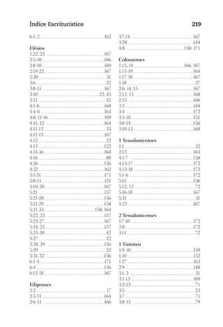 23593ManualdaIgreja2010
Designer
EditorTexto
C.Qualidade
Depto.Arte
Índice Escriturístico 219
6:1, 2 ...........................................................................................................162
Efésios
1:22, 23 ..................................................................................................167
2:5-10 ........................................................................................................166
2:8-10 ........................................................................................................169
2:19-22 ....................................................................................................167
2:20 ..................................................................................................................31
3:6 ..................................................................................................................... 22
3:8-11 ........................................................................................................167
3:10 .......................................................................................................22, 45
3:21 ................................................................................................................. 22
4:1-6 ............................................................................................................168
4:4-6 ...........................................................................................................163
4:8, 11-16 .............................................................................................169
4:11, 12 ...................................................................................................164
4:11-13 .........................................................................................................33
4:11-15 .....................................................................................................167
4:12 ................................................................................................................. 22
4:13 ..............................................................................................................122
4:14-16 ....................................................................................................168
4:16 .................................................................................................................88
4:26 ..............................................................................................................156
4:32 ..............................................................................................................162
5:1-21 .........................................................................................................171
5:8-11 ........................................................................................................151
5:19, 20 ...................................................................................................167
5:21 ..............................................................................................................157
5:21-28 ....................................................................................................156
5:21-29 ....................................................................................................158
5:21-33 ....................................................................................158, 164
5:22, 23 ..................................................................................................157
5:23-27 ....................................................................................................167
5:24, 25 ..................................................................................................157
5:25-30 ......................................................................................................42
5:27 ................................................................................................................. 22
5:28, 29 ..................................................................................................156
5:29 ................................................................................................................. 22
5:31, 32 ...................................................................................................156
6:1-4 ............................................................................................................171
6:4 ..................................................................................................................156
6:12-18 ....................................................................................................167
Filipenses
2:3 ......................................................................................................................17
2:5-11 ........................................................................................................164
2:6-11 ........................................................................................................166
3:7-14 .........................................................................................................167
3:20 ..............................................................................................................144
4:8 ...................................................................................................150, 171
Colossenses
1:13, 14 ....................................................................................166, 167
1:15-19 ....................................................................................................164
1:17, 18 .....................................................................................................167
1:18 ...................................................................................................................27
2:6, 14, 15 ...........................................................................................167
2:12, 13 ...................................................................................................168
2:15 ..............................................................................................................166
3:3 ..................................................................................................................144
3:4 ..................................................................................................................172
3:5-10 ........................................................................................................151
3:8-14 ........................................................................................................156
3:10-15 ....................................................................................................168
1 Tessalonicenses
1:1 ...................................................................................................................... 22
2:13 ..............................................................................................................163
4:1-7 ............................................................................................................158
4:13-17 ....................................................................................................172
4:13-18 ....................................................................................................172
5:1-6 ............................................................................................................172
5:11 ...............................................................................................................156
5:12, 13 ...................................................................................................... 72
5:16-18 ....................................................................................................167
5:21 ..................................................................................................................31
5:23 ..............................................................................................................167
2 Tessalonicenses
1:7-10 .........................................................................................................172
2:8 ..................................................................................................................172
3:11................................................................................................................... 72
1 Timóteo
1:9, 10 ........................................................................................................159
1:10 ...............................................................................................................152
1:17 ...............................................................................................................163
2:9 ..................................................................................................................148
3:1, 2 ...............................................................................................................31
3:1-13 .........................................................................................................169
3:2-13 ............................................................................................................71
3:5 ..................................................................................................................... 23
3:7 ......................................................................................................................71
3:8-13 ............................................................................................................79
 