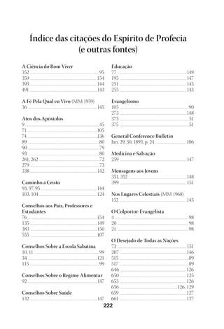 Designer
EditorTexto
C.Qualidade
Depto.Arte
23593ManualdaIgreja2010
222
A Ciência do Bom Viver
352 ....................................................................................................................95
359 ................................................................................................................154
393 .................................................................................................................144
491 .................................................................................................................143
A Fé Pela Qual eu Vivo (MM 1959)
36 .....................................................................................................................145
Atos dos Apóstolos
9 ............................................................................................................................45
71 .....................................................................................................................105
74 .....................................................................................................................136
89 ........................................................................................................................80
90 ........................................................................................................................79
93 ........................................................................................................................80
261, 262 .....................................................................................................72
279 ....................................................................................................................73
338 .................................................................................................................142
Caminho a Cristo
93, 97, 95 ..............................................................................................144
103, 104 .................................................................................................124
Conselhos aos Pais, Professores e
Estudantes
76 ....................................................................................................................154
135 .................................................................................................................149
383 ................................................................................................................150
555 .................................................................................................................107
Conselhos Sobre a Escola Sabatina
10, 11 .............................................................................................................99
34 ....................................................................................................................121
115 ....................................................................................................................99
Conselhos Sobre o Regime Alimentar
92 .....................................................................................................................147
Conselhos Sobre Saúde
132 .................................................................................................................147
Educação
77 .....................................................................................................................149
195 .................................................................................................................147
251 .................................................................................................................145
255 .................................................................................................................143
Evangelismo
105 ....................................................................................................................90
273 .................................................................................................................148
373 .....................................................................................................................51
375 .....................................................................................................................51
General Conference Bulletin
Jan. 29, 30, 1893, p. 24 .................................................... 106
Medicina e Salvação
259 .................................................................................................................147
Mensagens aos Jovens
351, 352 ..................................................................................................148
399 .................................................................................................................151
Nos Lugares Celestiais (MM 1968)
152 .................................................................................................................145
O Colportor-Evangelista
4 ............................................................................................................................98
20 .......................................................................................................................98
21 ........................................................................................................................98
O Desejado de Todas as Nações
73 .....................................................................................................................151
207 ................................................................................................................146
515 .................................................................................................................... 89
517 .................................................................................................................... 89
646 ...............................................................................................................126
650 ................................................................................................................125
653 ................................................................................................................126
656 .................................................................................................126, 129
659 .................................................................................................................127
661 .................................................................................................................127
Índice das citações do Espírito de Profecia
(e outras fontes)
 