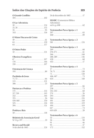 23593ManualdaIgreja2010
Designer
EditorTexto
C.Qualidade
Depto.Arte
Índice das Citações do Espírito de Profecia 223
O Grande Confllito
593 .................................................................................................................102
O Lar Adventista
18 ....................................................................................................................154
25, 26 .........................................................................................................155
35 ........................................................................................................................95
343 ............................................................................................................... 156
O Maior Discurso de Cristo
59 .........................................................................................................................61
63 .....................................................................................................................159
64 ....................................................................................................................157
O Outro Poder
32 .....................................................................................................................121
Obreiros Evangélicos
67 .....................................................................................................................107
178 .................................................................................................................146
210 .................................................................................................................107
Orientação da Criança
193 .................................................................................................................... 89
Parábolas de Jesus
71, 72 .............................................................................................................66
113 .................................................................................................................121
386 ...................................................................................................................23
Patriarcas e Profetas
174 .................................................................................................................155
217, 218 ...................................................................................................143
252 .................................................................................................................146
374 ....................................................................................................................26
459, 460 .................................................................................................150
525 .................................................................................................................136
594 .................................................................................................................151
Profetas e Reis
50 .....................................................................................................................118
Relatório da Associação Geral
Nº. 8, p. 197...........................................................................................19
Review and Herald
14 de abril de 1885 ..............................................................124
26 de dezembro de 1882 ...............................................17
SDABC (Comentário Bíblico
Adventista)
vol. 6, p. 698 ........................................................................................62
Testemunhos Para a Igreja, v. 1
207 ................................................................................................................... 65
400 ................................................................................................................... 89
Testemunhos Para a Igreja, v. 2
581 .................................................................................................................124
Testemunhos Para a Igreja, v. 3
269 ....................................................................................................................60
270, 271 .....................................................................................................61
366 ................................................................................................................148
388, 389 .................................................................................................136
428 ...................................................................................................................60
445 ....................................................................................................................17
Testemunhos Para a Igreja, v. 4
17 ........................................................................................................................72
70, 71.......................................................................................................... 130
71......................................................................................................................120
406, 407.....................................................................................................73
634 ................................................................................................................148
Testemunhos Para a Igreja, v. 5
107 ....................................................................................................................66
238 ...................................................................................................................73
242, 243 ....................................................................................................60
274 ....................................................................................................................26
293 ................................................................................................................120
364 ................................................................................................................155
491 .................................................................................................................118
492 .................................................................................................................119
494 ................................................................................................................119
617 ....................................................................................................................73
619, 620 .....................................................................................................28
Testemunhos Para a Igreja, v. 6
32 .....................................................................................................................124
36 ........................................................................................................................90
91 ........................................................................................................................46
95 .........................................................................................................................47
172 .................................................................................................................152
 