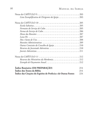 16 Manual da Igreja
Notas do CAPÍTULO 9 . . . . . . . . . . . . . . . . . . . . . . . . . . . . . . . . . . . . . . . . . . . . . . .  203
Lista Exemplificativa de Dirigentes da Igreja. . . . . . . . . . . . . . . . . . . . . . .  203
Notas do CAPÍTULO 10 . .. .. .. .. .. .. .. .. .. .. .. .. .. .. .. .. .. .. .. .. .. .. . 205
Escola Sabatina . . . . . . . . . . . . . . . . . . . . . . . . . . . . . . . . . . . . . . . . . . . . . . . . . . .  205
Formatos do Serviço de Culto. .. .. .. .. .. .. .. .. .. .. .. .. .. .. .. .. .. .. .. 205
Forma do Serviço de Culto. . . . . . . . . . . . . . . . . . . . . . . . . . . . . . . . . . . . . . . . .  206
Horas das Reuniões . .. .. .. .. .. .. .. .. .. .. .. .. .. .. .. .. .. .. .. .. .. .. .. . 207
Lava-Pés . .. .. .. .. .. .. .. .. .. .. .. .. .. .. .. .. .. .. .. .. .. .. .. .. .. .. .. .. . 207
Pão e Sumo de Uva. .. .. .. .. .. .. .. .. .. .. .. .. .. .. .. .. .. .. .. .. .. .. .. . 208
Reuniões Administrativas . .. .. .. .. .. .. .. .. .. .. .. .. .. .. .. .. .. .. .. .. . 209
Outras Comissões do Conselho de Igreja. . . . . . . . . . . . . . . . . . . . . . . . . . . . .  210
Recursos da Juventude Adventista. . . . . . . . . . . . . . . . . . . . . . . . . . . . . . . . . . .  210
Juvenis Adventistas. .. .. .. .. .. .. .. .. .. .. .. .. .. .. .. .. .. .. .. .. .. .. .. .. 211
Notas do CAPÍTULO 11 . .. .. .. .. .. .. .. .. .. .. .. .. .. .. .. .. .. .. .. .. .. .. . 212
Recursos dos Ministérios da Mordomia . . . . . . . . . . . . . . . . . . . . . . . . . . . . .  212
Exemplo de Orçamento Anual . . . . . . . . . . . . . . . . . . . . . . . . . . . . . . . . . . . . .  212
Índice Remissivo (EM PREPARAÇÃO)	 214
Índice dos Textos da Bíblia	 214
Índice das Citações do Espírito de Profecia e de Outras Fontes	 224
 
