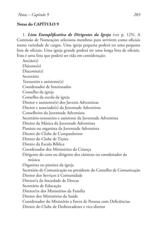 203
Notas do CAPÍTULO 9
1. Lista Exemplificativa de Dirigentes da Igreja (ver p. 125). A
Comissão de Nomeações seleciona membros para servirem como oficiais
numa variedade de cargos. Uma igreja pequena poderá ter uma pequena
lista de oficiais. Uma igreja grande poderá ter uma longa lista de oficiais.
Esta é uma lista que poderá ser tida em consideração:
Ancião(s)
Diácono(s)
Diaconisa(s)
Secretário
Tesoureiro e assistente(s)
Coordenador de Interessados
Conselho da igreja
Conselho da escola da igreja
Diretor e assistente(s) dos Juvenis Adventistas
Diretor e associado(s) da Juventude Adventista
Conselheiro da Juventude Adventista
Secretário-tesoureiro e assistente da Juventude Adventista
Diretor da Música da Juventude Adventista
Pianista ou organista da Juventude Adventista
Diretor do Clube de Companheiros
Diretor do Clube de Tições
Diretor da Escola Bíblica
Coordenador dos Ministérios da Criança
Dirigente do coro ou dirigente dos cânticos ou coordenador da
música
Organista ou pianista da igreja
Secretário de Comunicação ou presidente do Conselho de Comunicação
Diretor dos Serviços à Comunidade
Diretor/a da Sociedade de Dorcas
Secretário de Educação
Diretor/es dos Ministérios da Família
Diretor dos Ministérios da Saúde
Coordenador do Ministério a Favor de Pessoas com Deficiências
Diretor do Clube de Desbravadores e vice-diretor
Notas – Capítulo 9
 