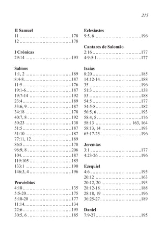 215
II Samuel
11. .. .. .. .. .. .. .. .. .. .. .. .. .. .. .. .178
12. .. .. .. .. .. .. .. .. .. .. .. .. .. .. .. .178
I Crónicas
29:14 . .. .. .. .. .. .. .. .. .. .. .. .. .. .193
Salmos
1:1, 2 . .. .. .. .. .. .. .. .. .. .. .. .. .. .189
8:4-8. . . . . . . . . . . . . . . . . . . . . . . . . . . . . 187
11:5. .. .. .. .. .. .. .. .. .. .. .. .. .. .. .176
19:1-6. . . . . . . . . . . . . . . . . . . . . . . . . . . 187
19:7-14. .. .. .. .. .. .. .. .. .. .. .. .. .192
23:4 . . . . . . . . . . . . . . . . . . . . . . . . . . . . . 189
33:6, 9. . . . . . . . . . . . . . . . . . . . . . . . . . . 187
34:18 . .. .. .. .. .. .. .. .. .. .. .. .. .. .178
40:7, 8. . . . . . . . . . . . . . . . . . . . . . . . . . . 192
50:23 . .. .. .. .. .. .. .. .. .. .. .. .. .. .138
51:5 . . . . . . . . . . . . . . . . . . . . . . . . . . . . . 187
51:10 . .. .. .. .. .. .. .. .. .. .. .. .. .. .187
77:11, 12. . . . . . . . . . . . . . . . . . . . . . . . . 189
86:5 . . . . . . . . . . . . . . . . . . . . . . . . . . . . . 178
96:9, 8. . . . . . . . . . . . . . . . . . . . . . . . . . . 206
104. .. .. .. .. .. .. .. .. .. .. .. .. .. .. ..187
119:105. .. .. .. .. .. .. .. .. .. .. .. .. .185
133:1 . .. .. .. .. .. .. .. .. .. .. .. .. .. .190
146:3, 4 . . . . . . . . . . . . . . . . . . . . . . . . . 196
Provérbios
4:18 . . . . . . . . . . . . . . . . . . . . . . . . . . . . . 135
5:5-20. . . . . . . . . . . . . . . . . . . . . . . . . . . 175
5:18-20. .. .. .. .. .. .. .. .. .. .. .. .. .177
11:14. . . . . . . . . . . . . . . . . . . . . . . . . . . . . 134
22:6 . . . . . . . . . . . . . . . . . . . . . . . . . . . . . 195
30:5, 6. . . . . . . . . . . . . . . . . . . . . . . . . . . 185
Eclesiastes
9:5, 6 . .. .. .. .. .. .. .. .. .. .. .. .. .. .196
Cantares de Salomão
2:16 . . . . . . . . . . . . . . . . . . . . . . . . . . . . . 177
4:9-5:1. . . . . . . . . . . . . . . . . . . . . . . . . . . 177
Isaías
8:20 . . . . . . . . . . . . . . . . . . . . . . . . . . . . . 185
14:12-14. . . . . . . . . . . . . . . . . . . . . . . . . 188
35. .. .. .. .. .. .. .. .. .. .. .. .. .. .. .. .196
51:3 . . . . . . . . . . . . . . . . . . . . . . . . . . . . . 138
53. .. .. .. .. .. .. .. .. .. .. .. .. .. .. .. .188
54:5 . . . . . . . . . . . . . . . . . . . . . . . . . . . . . 177
54:5-8. . . . . . . . . . . . . . . . . . . . . . . . . . . 182
56:5, 6. . . . . . . . . . . . . . . . . . . . . . . . . . . 193
58:4, 5. . . . . . . . . . . . . . . . . . . . . . . . . . . 176
58:13 . .. .. .. .. .. .. .. .. .. .. .. 163, 164
58:13, 14 . .. .. .. .. .. .. .. .. .. .. .. .193
65:17-25. . . . . . . . . . . . . . . . . . . . . . . . . 196
Jeremias
3:1. . . . . . . . . . . . . . . . . . . . . . . . . . . . . . . 177
4:23-26. .. .. .. .. .. .. .. .. .. .. .. .. .196
Ezequiel
4:6. . . . . . . . . . . . . . . . . . . . . . . . . . . . . . . 195
20:12 . .. .. .. .. .. .. .. .. .. .. .. .. .. .163
20:12, 20 . .. .. .. .. .. .. .. .. .. .. .. .193
28:12-18. . . . . . . . . . . . . . . . . . . . . . . . . 188
28:18, 19 . .. .. .. .. .. .. .. .. .. .. .. .196
36:25-27. . . . . . . . . . . . . . . . . . . . . . . . . 189
Daniel
7:9-27. . . . . . . . . . . . . . . . . . . . . . . . . . . 195
 