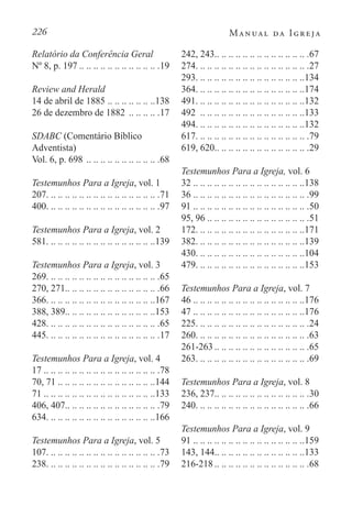 226 Manual da Igreja
Relatório da Conferência Geral
Nº 8, p. 197 . . . . . . . . . . . . . . . . . . . . . . .19
Review and Herald
14 de abril de 1885. .. .. .. .. .. .. .138
26 de dezembro de 1882 . .. .. .. .. 17
SDABC (Comentário Bíblico
Adventista)
Vol. 6, p. 698. .. .. .. .. .. .. .. .. .. .. 68
Testemunhos Para a Igreja, vol. 1
207. .. .. .. .. .. .. .. .. .. .. .. .. .. .. .. .71
400. .. .. .. .. .. .. .. .. .. .. .. .. .. .. .. .97
Testemunhos Para a Igreja, vol. 2
581. .. .. .. .. .. .. .. .. .. .. .. .. .. .. ..139
Testemunhos Para a Igreja, vol. 3
269. .. .. .. .. .. .. .. .. .. .. .. .. .. .. .. .65
270, 271. . . . . . . . . . . . . . . . . . . . . . . . . . .66
366. .. .. .. .. .. .. .. .. .. .. .. .. .. .. ..167
388, 389. . . . . . . . . . . . . . . . . . . . . . . . . 153
428. .. .. .. .. .. .. .. .. .. .. .. .. .. .. .. .65
445. .. .. .. .. .. .. .. .. .. .. .. .. .. .. .. .17
Testemunhos Para a Igreja, vol. 4
17. .. .. .. .. .. .. .. .. .. .. .. .. .. .. .. .. 78
70, 71. .. .. .. .. .. .. .. .. .. .. .. .. .. .144
71. .. .. .. .. .. .. .. .. .. .. .. .. .. .. .. .133
406, 407. . . . . . . . . . . . . . . . . . . . . . . . . . .79
634. .. .. .. .. .. .. .. .. .. .. .. .. .. .. ..166
Testemunhos Para a Igreja, vol. 5
107. .. .. .. .. .. .. .. .. .. .. .. .. .. .. .. .73
238. .. .. .. .. .. .. .. .. .. .. .. .. .. .. .. .79
242, 243. . . . . . . . . . . . . . . . . . . . . . . . . . .67
274. .. .. .. .. .. .. .. .. .. .. .. .. .. .. .. .27
293. .. .. .. .. .. .. .. .. .. .. .. .. .. .. ..134
364. .. .. .. .. .. .. .. .. .. .. .. .. .. .. ..174
491. .. .. .. .. .. .. .. .. .. .. .. .. .. .. ..132
492 . .. .. .. .. .. .. .. .. .. .. .. .. .. .. .133
494. .. .. .. .. .. .. .. .. .. .. .. .. .. .. ..132
617. .. .. .. .. .. .. .. .. .. .. .. .. .. .. .. .79
619, 620. . . . . . . . . . . . . . . . . . . . . . . . . . .29
Testemunhos Para a Igreja, vol. 6
32. .. .. .. .. .. .. .. .. .. .. .. .. .. .. .. .138
36. .. .. .. .. .. .. .. .. .. .. .. .. .. .. .. .. 99
91. .. .. .. .. .. .. .. .. .. .. .. .. .. .. .. .. 50
95, 96. .. .. .. .. .. .. .. .. .. .. .. .. .. .. 51
172. .. .. .. .. .. .. .. .. .. .. .. .. .. .. ..171
382. .. .. .. .. .. .. .. .. .. .. .. .. .. .. ..139
430. .. .. .. .. .. .. .. .. .. .. .. .. .. .. ..104
479. .. .. .. .. .. .. .. .. .. .. .. .. .. .. ..153
Testemunhos Para a Igreja, vol. 7
46. .. .. .. .. .. .. .. .. .. .. .. .. .. .. .. .176
47. .. .. .. .. .. .. .. .. .. .. .. .. .. .. .. .176
225. .. .. .. .. .. .. .. .. .. .. .. .. .. .. .. .24
260. .. .. .. .. .. .. .. .. .. .. .. .. .. .. .. .63
261-263 . . . . . . . . . . . . . . . . . . . . . . . . . . .65
263. .. .. .. .. .. .. .. .. .. .. .. .. .. .. .. .69
Testemunhos Para a Igreja, vol. 8
236, 237. . . . . . . . . . . . . . . . . . . . . . . . . . .30
240. .. .. .. .. .. .. .. .. .. .. .. .. .. .. .. .66
Testemunhos Para a Igreja, vol. 9
91. .. .. .. .. .. .. .. .. .. .. .. .. .. .. .. .159
143, 144. . . . . . . . . . . . . . . . . . . . . . . . . 133
216-218 . . . . . . . . . . . . . . . . . . . . . . . . . . .68
 