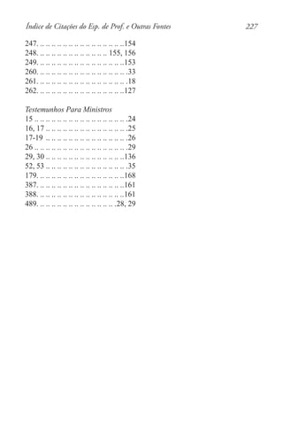 227Índice de Citações do Esp. de Prof. e Outras Fontes
247. .. .. .. .. .. .. .. .. .. .. .. .. .. .. ..154
248. .. .. .. .. .. .. .. .. .. .. .. .. 155, 156
249. .. .. .. .. .. .. .. .. .. .. .. .. .. .. ..153
260. .. .. .. .. .. .. .. .. .. .. .. .. .. .. .. .33
261. .. .. .. .. .. .. .. .. .. .. .. .. .. .. .. .18
262. .. .. .. .. .. .. .. .. .. .. .. .. .. .. ..127
Testemunhos Para Ministros
15. .. .. .. .. .. .. .. .. .. .. .. .. .. .. .. .. 24
16, 17. .. .. .. .. .. .. .. .. .. .. .. .. .. .. 25
17-19 . .. .. .. .. .. .. .. .. .. .. .. .. .. .. 26
26. .. .. .. .. .. .. .. .. .. .. .. .. .. .. .. .. 29
29, 30. .. .. .. .. .. .. .. .. .. .. .. .. .. .136
52, 53. .. .. .. .. .. .. .. .. .. .. .. .. .. .. 35
179. .. .. .. .. .. .. .. .. .. .. .. .. .. .. ..168
387. .. .. .. .. .. .. .. .. .. .. .. .. .. .. ..161
388. .. .. .. .. .. .. .. .. .. .. .. .. .. .. ..161
489. .. .. .. .. .. .. .. .. .. .. .. .. .. .28, 29
 