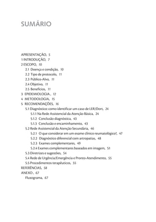 SUMÁRIO



APRESENTAÇÃO,  5
1 INTRODUÇÃO,  7
2 ESCOPO,  10
   2.1	 Doença e condição,  10
   2.2	Tipo de protocolo,  11
   2.3	Público-Alvo,  11
   2.4 Objetivo,  11
   2.5	Benefícios,  11
3  EPIDEMIOLOGIA ,  12
4 METODOLOGIA, 15
5 RECOMENDAÇÕES, 16
   5.1 Diagnóstico: como identificar um caso de LER/Dort,  24
        5.1.1 Na Rede Assistencial da Atenção Básica,  24
        5.1.2 Conclusão diagnóstica, 43
        5.1.3  Conclusão e encaminhamento,  43
   5.2 Rede Assistencial da Atenção Secundária,  46
        5.2.1  O que considerar em um exame clínico reumatológico?,  47
        5.2.2  Diagnóstico diferencial com artropatias,  48
        5.2.3 Exames complementares, 49
        5.2.4 Exames complementares baseados em imagem,  51
   5.3 Diretrizes e sugestões,  54
   5.4 Rede de Urgência/Emergência e Pronto-Atendimento,  55
   5.5 Procedimentos terapêuticos,  55
REFERÊNCIAS,  58
ANEXO ,  67
   Fluxograma,  67
 