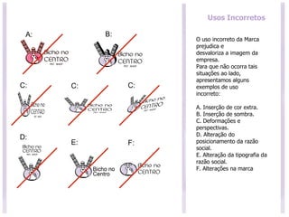 Usos Incorretos O uso incorreto da Marca prejudica e desvaloriza a imagem da empresa. Para que não ocorra tais situações ao lado, apresentamos alguns exemplos de uso incorreto: A. Inserção de cor extra. B. Inserção de sombra. C. Deformações e perspectivas. D. Alteração do posicionamento da razão social. E. Alteração da tipografia da razão social. F. Alterações na marca A: B: C: C: C: D: E: F: 