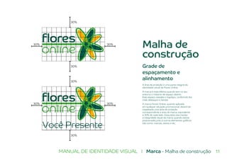 11MANUAL DE IDENTIDADE VISUAL I Marca - Malha de construção
Você Presente
30%
30%
30%
30%
30%
30%
30%
30%
Grade de
espaçamento e
alinhamento
A área de proteção é uma parte integral da
identidade visual da Flores Online.
A marca é mais efetiva quando tem no seu
entorno o máximo de espaço aberto.
Este espaço ressalta o logotipo, conferindo-lhe
mais destaque e clareza.
A marca Flores Online, quando aplicada
em qualquer situação promocional, deverá ter
respeitada uma área de proteção
correspondente à área da marca, equivalente
a 30% de cada lado. Essa área visa manter
a integridade visual da marca quando estiver
posicionada junto à outros elementos gráficos
tais como: marcas, textos e etc.
Malha de
construção
 