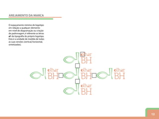 12
O espaçamento mínimo do logotipo
em relação a qualquer elemento
em nível de diagramação ou criação
de padronagem,é referente as letras
ol da tipografia do próprio logotipo.
Esta é a unidade de medida de todas
as suas versões (vertical,horizontal,
sintetizadas).
AREJAMENTO DA MARCA
 
