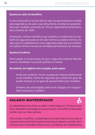 12 PREVIDÊNCIA SOCIAL:
SALÁRIO-MATERNIDADE
As trabalhadoras têm direito ao salário-maternidade nos 120 dias em que
ficam afastadas do emprego por causa do parto. O benefício foi estendido
também para as mães adotivas.
Para receber o benefício, a trabalhadora rural deve fazer sua inscrição no
Cadastro Nacional de Informações Sociais Rural. Apenas a certidão não é
suficiente para a Previdência. Nessa hora, os Sindicatos dos Trabalhadores
Quanto ao valor do benefício
O valor do benefício será de 50% do valor da aposentadoria recebida
pelo segurado ou do valor a que teria direito a receber de aposenta-
doria por invalidez, acrescido de 10% por dependente beneficiário,
até o máximo de 100%.
Entretanto, nenhum benefício que substitui o rendimento do tra-
balho do segurado pode ser de valor inferior ao salário mínimo. Ou
seja, para os trabalhadores rurais segurados especiais que recebem
um salário mínimo mensal as condições permanecem as mesmas.
Quanto à Carência
Será exigida a comprovação de que o segurado especial falecido
exerceu atividades rurais pelo período 24 meses.
No entanto, tal exigência tem exceções, quais sejam:
morte por acidente, morte causada por doença profissional
ou do trabalho, morte de segurado que estava em gozo de
auxílio-doença ou em gozo de aposentadoria por invalidez;
também não será exigida carência do cônjuge com incapaci-
dade total para o trabalho.
 