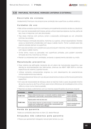 Manual das Áreas Comuns

|

2ª Edição

5.43	 PINTURAS, TEXTURAS, VERNIZES (INTERNA E EXTERNA)
Descrição do sistema
Acabamento final que visa proporcionar proteção das superfícies ou efeito estético.
Cuidados de uso
• Não utilizar produtos químicos na limpeza, principalmente produtos ácidos ou cáusticos;
• Em caso de necessidade de limpeza, jamais utilizar esponjas ásperas, buchas, palha de
aço, lixas e máquinas com jato de pressão;
• Nas áreas internas com pintura, evitar a exposição prolongada ao sol, utilizando
cortinas nas janelas;
• Para limpeza e remoção de poeira, manchas ou sujeiras, utilizar espanadores, flanelas
secas ou levemente umedecidas com água e sabão neutro. Tomar cuidado para não
exercer pressão demais na superfície;
• Em caso de contato com substâncias que provoquem manchas, limpar imediatamente
com água e sabão neutro;
• Evitar atrito, riscos ou pancadas nas superfícies pintadas, pois podem acarretar
remoção da tinta, manchas ou trincas;
• Manter os ambientes bem ventilados, evitando o aparecimento de bolor ou mofo.
Manutenção preventiva
• Esse sistema da edificação necessita de um plano de manutenção específico, que
atenda às recomendações dos fabricantes, diretivas da ABNT NBR 5674 e normas
específicas do sistema, quando houver;
• Utilizar somente componentes originais ou com desempenho de características
comprovadamente equivalente;
• A limpeza deverá ser feita com uso de pano levemente úmido e conforme procedimento
específico;
• Em caso de necessidade de retoque, deve-se repintar todo o pano da parede (trecho
de quina a quina ou de friso a friso), para evitar diferenças de tonalidade entre a tinta
velha e a nova numa mesma parede;
• Repintar as áreas e elementos com as mesmas especificações da pintura original.
Periodicidade

Atividade

Responsável

A cada 2 anos

Revisar a pintura das áreas secas e, se necessário, repintá-las, evitando assim o
envelhecimento, a perda de brilho, o descascamento e eventuais fissuras

Empresa capacitada/
empresa especializada

Repintar paredes e tetos das áreas secas

Empresa capacitada/
empresa especializada

As áreas externas devem ter sua pintura revisada e, se necessário, repintada,
evitando assim o envelhecimento, a perda de brilho, o descascamento e que
eventuais fissuras possam causar infiltrações

Equipe de manutenção local/
empresa capacitada

A cada 3 anos

Perda da garantia
Todas as condições descritas no item 2.2. deste Manual.
Situações não cobertas pela garantia
• Peças que apresentem desgaste natural pelo tempo ou uso.

101

 