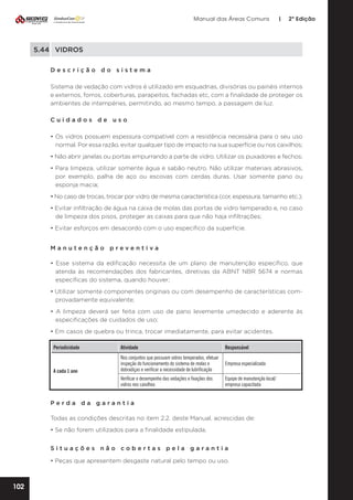 Manual das Áreas Comuns

|

2ª Edição

5.44	VIDROS
Descrição do sistema
Sistema de vedação com vidros é utilizado em esquadrias, divisórias ou painéis internos
e externos, forros, coberturas, parapeitos, fachadas etc, com a finalidade de proteger os
ambientes de intempéries, permitindo, ao mesmo tempo, a passagem de luz.
Cuidados de uso
• Os vidros possuem espessura compatível com a resistência necessária para o seu uso
normal. Por essa razão, evitar qualquer tipo de impacto na sua superfície ou nos caixilhos;
• Não abrir janelas ou portas empurrando a parte de vidro. Utilizar os puxadores e fechos;
• Para limpeza, utilizar somente água e sabão neutro. Não utilizar materiais abrasivos,
por exemplo, palha de aço ou escovas com cerdas duras. Usar somente pano ou
esponja macia;
• No caso de trocas, trocar por vidro de mesma característica (cor, espessura, tamanho etc.);
• Evitar infiltração de água na caixa de molas das portas de vidro temperado e, no caso
de limpeza dos pisos, proteger as caixas para que não haja infiltrações;
• Evitar esforços em desacordo com o uso específico da superfície.
Manutenção preventiva	
• Esse sistema da edificação necessita de um plano de manutenção específico, que
atenda às recomendações dos fabricantes, diretivas da ABNT NBR 5674 e normas
específicas do sistema, quando houver;
• Utilizar somente componentes originais ou com desempenho de características com­
provadamente equivalente;
• A limpeza deverá ser feita com uso de pano levemente umedecido e aderente às
especificações de cuidados de uso;
• Em casos de quebra ou trinca, trocar imediatamente, para evitar acidentes.
Periodicidade

Atividade

Responsável
Empresa especializada

A cada 1 ano

Nos conjuntos que possuam vidros temperados, efetuar
inspeção do funcionamento do sistema de molas e
dobradiças e verificar a necessidade de lubrificação
Verificar o desempenho das vedações e fixações dos
vidros nos caixilhos

Equipe de manutenção local/
empresa capacitada

Perda da garantia
Todas as condições descritas no item 2.2. deste Manual, acrescidas de:
• Se não forem utilizados para a finalidade estipulada.
Situações não cobertas pela garantia
• Peças que apresentem desgaste natural pelo tempo ou uso.

102

 