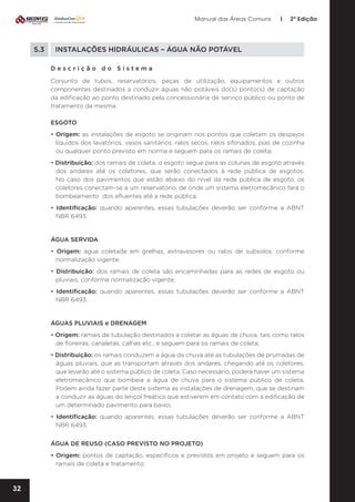 Manual das Áreas Comuns

5.3	

|

2ª Edição

INSTALAÇÕES HIDRÁULICAS – ÁGUA NÃO POTÁVEL
Descrição do Sistema
Conjunto de tubos, reservatórios, peças de utilização, equipamentos e outros
componentes destinados a conduzir águas não potáveis do(s) ponto(s) de captação
da edificação ao ponto destinado pela concessionária de serviço público ou ponto de
tratamento da mesma.
ESGOTO
• Origem: as instalações de esgoto se originam nos pontos que coletam os despejos
líquidos dos lavatórios, vasos sanitários, ralos secos, ralos sifonados, pias de cozinha
ou qualquer ponto previsto em norma e seguem para os ramais de coleta;
• Distribuição: dos ramais de coleta, o esgoto segue para as colunas de esgoto através
dos andares até os coletores, que serão conectados à rede pública de esgotos.
No caso dos pavimentos que estão abaixo do nível da rede pública de esgoto, os
coletores conectam-se a um reservatório, de onde um sistema eletromecânico fará o
bombeamento dos efluentes até a rede pública;
• Identificação: quando aparentes, essas tubulações deverão ser conforme a ABNT
NBR 6493.

ÁGUA SERVIDA
• Origem: água coletada em grelhas, extravasores ou ralos de subsolos, conforme
normalização vigente;
• Distribuição: dos ramais de coleta são encaminhadas para as redes de esgoto ou
pluviais, conforme normalização vigente;
• Identificação: quando aparentes, essas tubulações deverão ser conforme a ABNT
NBR 6493.

ÁGUAS PLUVIAIS e DRENAGEM
• Origem: ramais de tubulação destinados a coletar as águas de chuva, tais como ralos
de floreiras, canaletas, calhas etc., e seguem para os ramais de coleta;
• Distribuição: os ramais conduzem a água da chuva até as tubulações de prumadas de
águas pluviais, que as transportam através dos andares, chegando até os coletores,
que levarão até o sistema público de coleta. Caso necessário, poderá haver um sistema
eletromecânico que bombeia a água de chuva para o sistema público de coleta.
Podem ainda fazer parte deste sistema as instalações de drenagem, que se destinam
a conduzir as águas do lençol freático que estiverem em contato com a edificação de
um determinado pavimento para baixo;
• Identificação: quando aparentes, essas tubulações deverão ser conforme a ABNT
NBR 6493.
ÁGUA DE REUSO (CASO PREVISTO NO PROJETO)
• Origem: pontos de captação, específicos e previstos em projeto e seguem para os
ramais de coleta e tratamento;

32

 