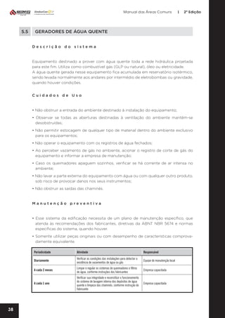 Manual das Áreas Comuns

5.5	

|

2ª Edição

GERADORES DE ÁGUA QUENTE
Descrição do sistema

Equipamento destinado a prover com água quente toda a rede hidráulica projetada
para este fim. Utiliza como combustível gás (GLP ou natural), óleo ou eletricidade.
A água quente gerada nesse equipamento fica acumulada em reservatório isotérmico,
sendo levada normalmente aos andares por intermédio de eletrobombas ou gravidade,
quando houver condições.
Cuidados de Uso

• Não obstruir a entrada do ambiente destinado à instalação do equipamento;
• Observar se todas as aberturas destinadas à ventilação do ambiente mantêm-se
desobstruídas;
• Não permitir estocagem de qualquer tipo de material dentro do ambiente exclusivo
para os equipamentos;
• Não operar o equipamento com os registros de água fechados;
• Ao perceber vazamento de gás no ambiente, acionar o registro de corte de gás do
equipamento e informar a empresa de manutenção;
• Caso os queimadores apaguem sozinhos, verificar se há corrente de ar intensa no
ambiente;
• Não lavar a parte externa do equipamento com água ou com qualquer outro produto,
sob risco de provocar danos nos seus instrumentos;
• Não obstruir as saídas das chaminés.

Manutenção preventiva	

• Esse sistema da edificação necessita de um plano de manutenção específico, que
atenda às recomendações dos fabricantes, diretivas da ABNT NBR 5674 e normas
específicas do sistema, quando houver.
• Somente utilizar peças originais ou com desempenho de características comprova­
damente equivalente.
Periodicidade

Responsável

Diariamente

Verificar as condições das instalações para detectar a
existência de vazamentos de água ou gás

Equipe de manutenção local

A cada 2 meses

Limpar e regular os sistemas de queimadores e filtros
de água, conforme instruções dos fabricantes

Empresa capacitada

A cada 1 ano

38

Atividade

Verificar sua integridade e reconstituir o funcionamento
do sistema de lavagem interna dos depósitos de água
quente e limpeza das chaminés, conforme instrução do
fabricante

Empresa capacitada

 