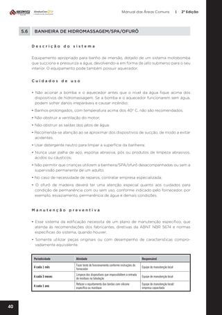 Manual das Áreas Comuns

5.6	

|

2ª Edição

BANHEIRA DE HIDROMASSAGEM/SPA/OFURÔ
Descrição do sistema
Equipamento apropriado para banho de imersão, dotado de um sistema motobomba
que succiona e pressuriza a água, devolvendo-a em forma de jato submerso para o seu
interior. O equipamento pode também possuir aquecedor.
Cuidados de uso
• Não acionar a bomba e o aquecedor antes que o nível da água fique acima dos
dispositivos de hidromassagem. Se a bomba e o aquecedor funcionarem sem água,
podem sofrer danos irreparáveis e causar incêndio;
• Banhos prolongados, com temperatura acima dos 40o C, não são recomendados;
• Não obstruir a ventilação do motor;
• Não obstruir as saídas dos jatos de água;
• Recomenda-se atenção ao se aproximar dos dispositivos de sucção, de modo a evitar
acidentes;
• Usar detergente neutro para limpar a superfície da banheira;
• Nunca usar palha de aço, esponja abrasiva, pós ou produtos de limpeza abrasivos,
ácidos ou cáusticos;
• Não permitir que crianças utilizem a banheira/SPA/ofurô desacompanhadas ou sem a
supervisão permanente de um adulto;
• No caso de necessidade de reparos, contratar empresa especializada;
• O ofurô de madeira deverá ter uma atenção especial quanto aos cuidados para
condição de permanência com ou sem uso, conforme indicado pelo fornecedor, por
exemplo, esvaziamento, permanência de água e demais condições.

Manutenção preventiva	
• Esse sistema da edificação necessita de um plano de manutenção específico, que
atenda às recomendações dos fabricantes, diretivas da ABNT NBR 5674 e normas
específicas do sistema, quando houver;
• Somente utilizar peças originais ou com desempenho de características compro­
vadamente equivalente.

Periodicidade

Responsável

A cada 1 mês

Fazer teste de funcionamento conforme instruções do
fornecedor

Equipe de manutenção local

A cada 3 meses

Limpeza dos dispositivos que impossibilitem a entrada
de resíduos na tubulação

Equipe de manutenção local

A cada 1 ano

40

Atividade

Refazer o rejuntamento das bordas com silicone
específico ou mastique

Equipe de manutenção local/
empresa capacitada

 