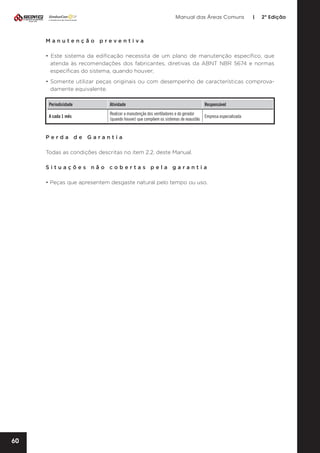 Manual das Áreas Comuns

|

2ª Edição

Manutenção preventiva
• Este sistema da edificação necessita de um plano de manutenção específico, que
atenda às recomendações dos fabricantes, diretivas da ABNT NBR 5674 e normas
específicas do sistema, quando houver;
• Somente utilizar peças originais ou com desempenho de características comprova­
damente equivalente.
Periodicidade

Atividade

Responsável

A cada 1 mês

Realizar a manutenção dos ventiladores e do gerador
Empresa especializada
(quando houver) que compõem os sistemas de exaustão

Perda de Garantia
Todas as condições descritas no item 2.2. deste Manual.
Situações não cobertas pela garantia
• Peças que apresentem desgaste natural pelo tempo ou uso.

60

 